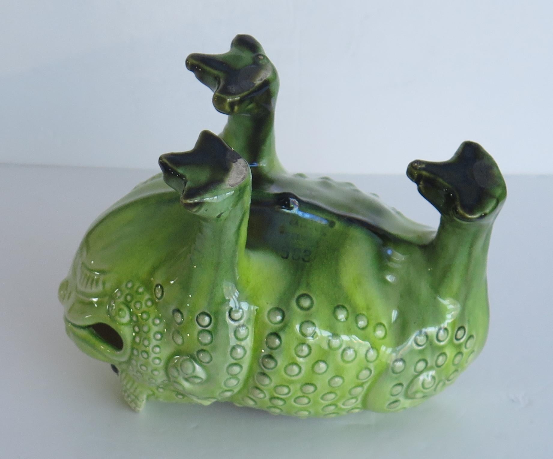 Pottery Burmantofts Grotesque Faience Bull Frog Spoon Warmer, Leeds England circa 1885