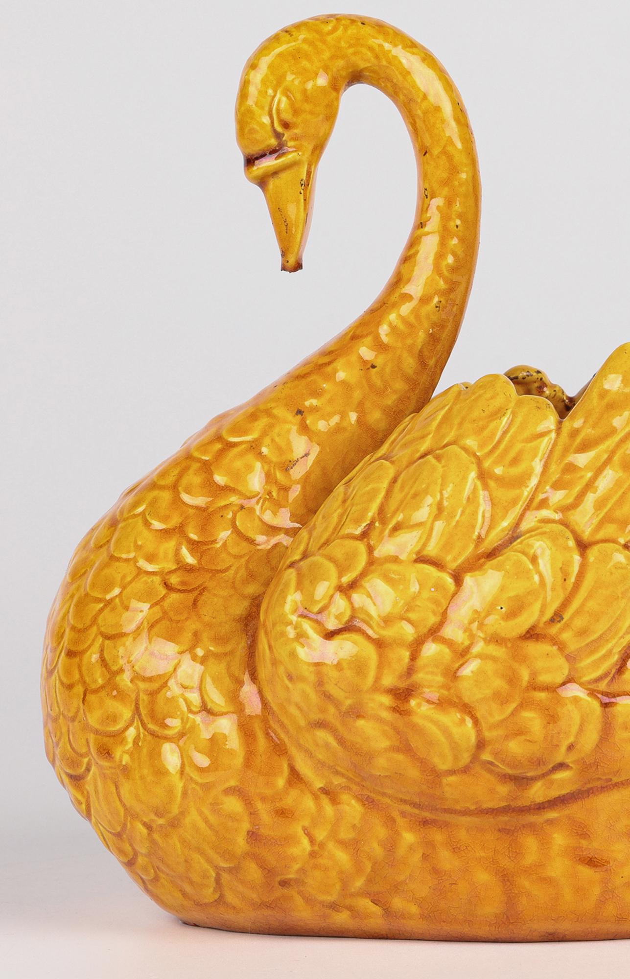 Burmantofts Rare Pair Faience Pottery Yellow Glazed Swan Vases 3