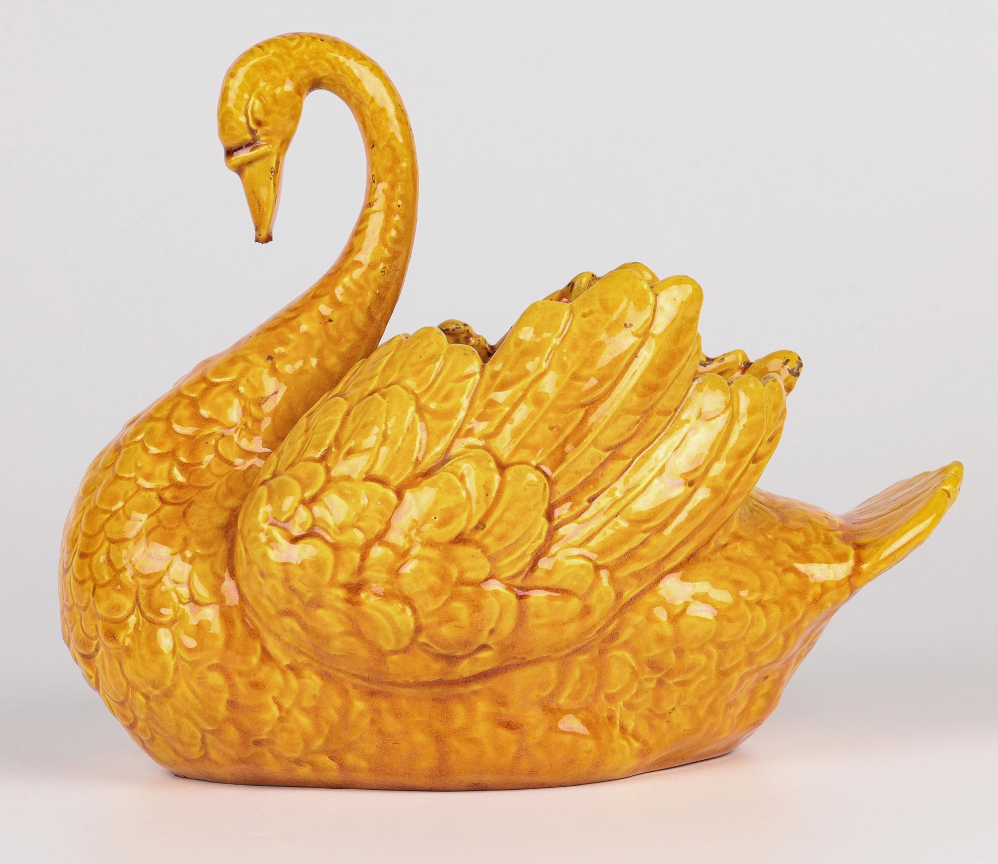 Burmantofts Rare Pair Faience Pottery Yellow Glazed Swan Vases 4