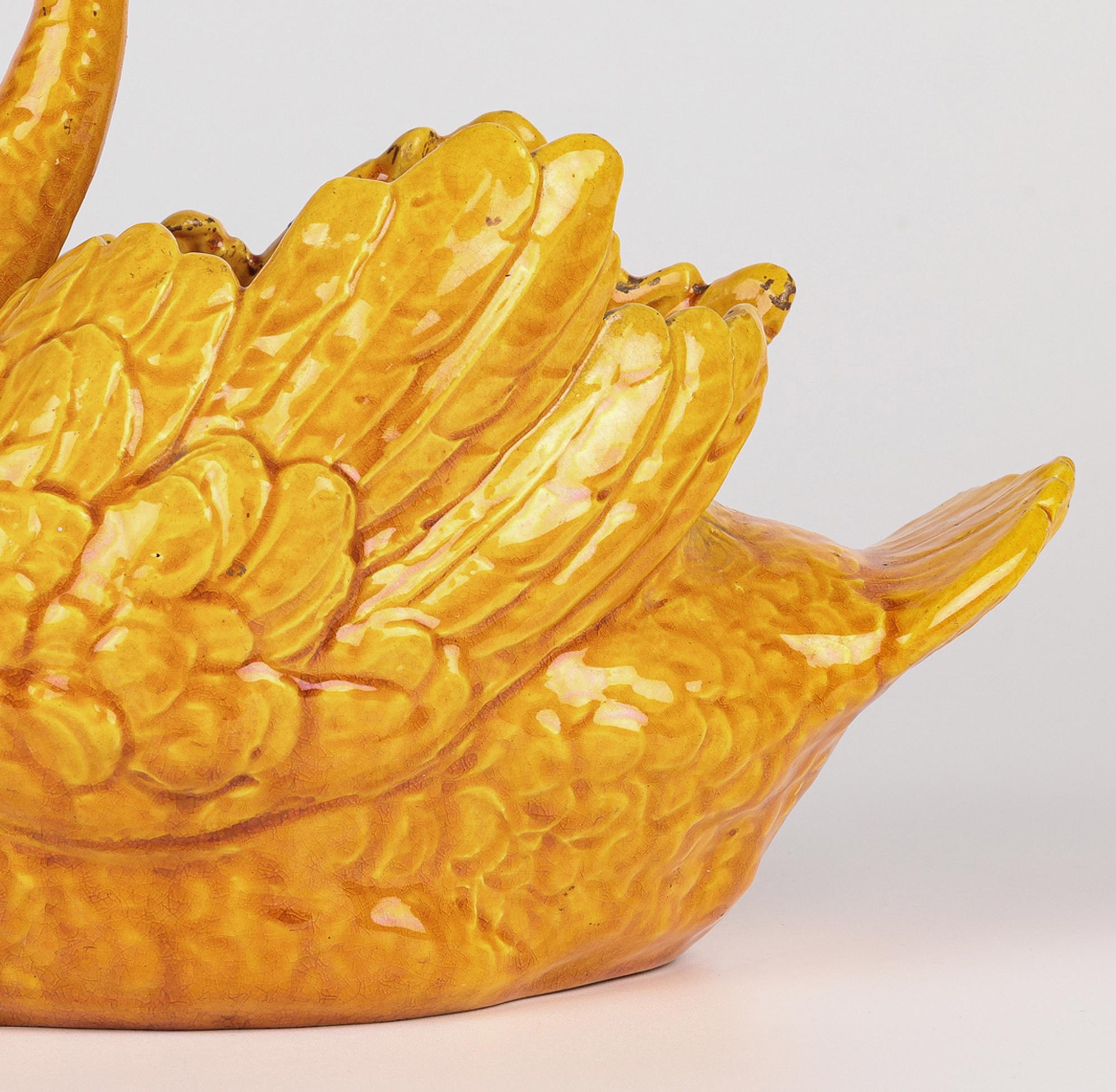 Burmantofts Rare Pair Faience Pottery Yellow Glazed Swan Vases 5