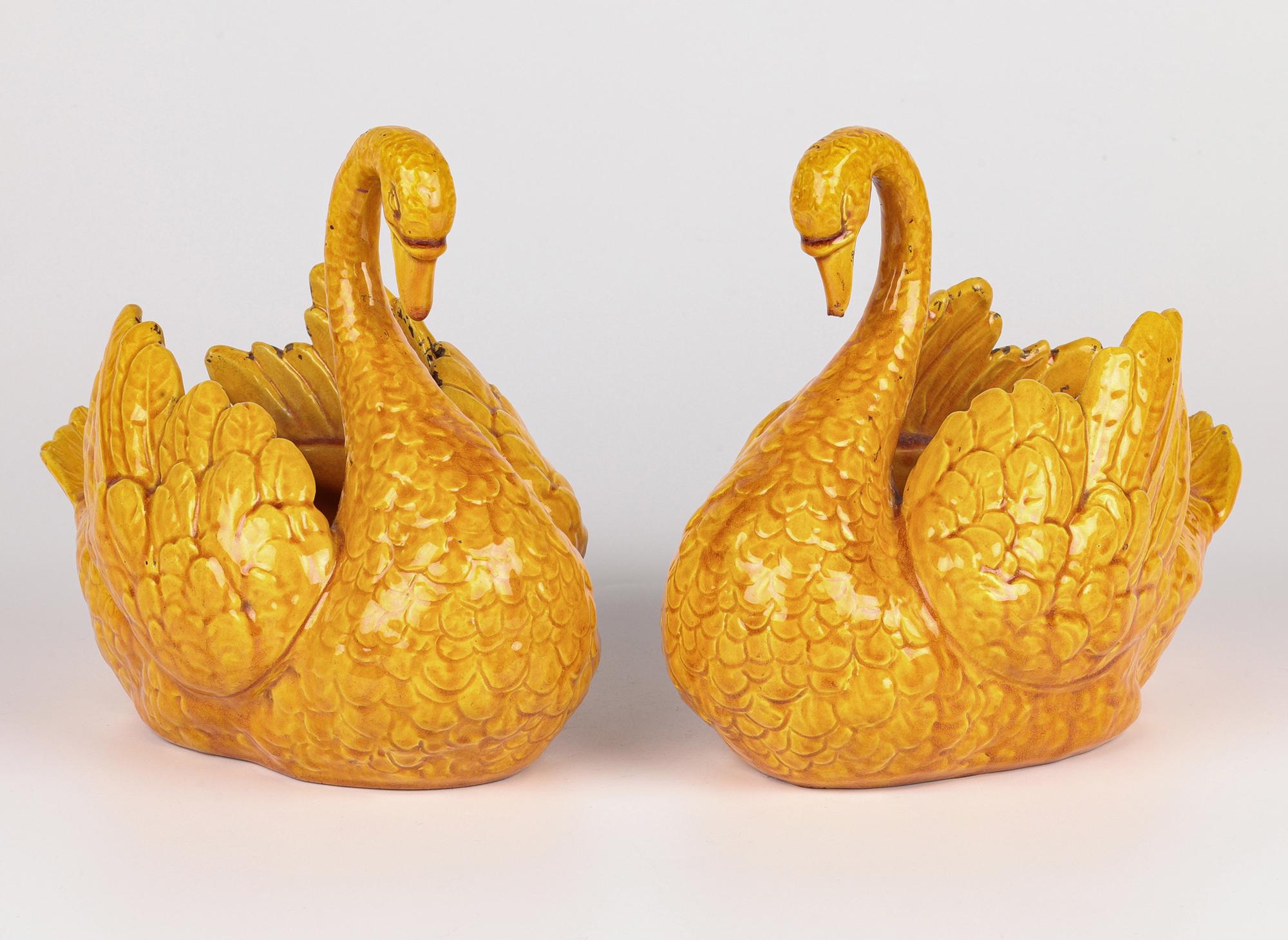 Burmantofts Rare Pair Faience Pottery Yellow Glazed Swan Vases 6