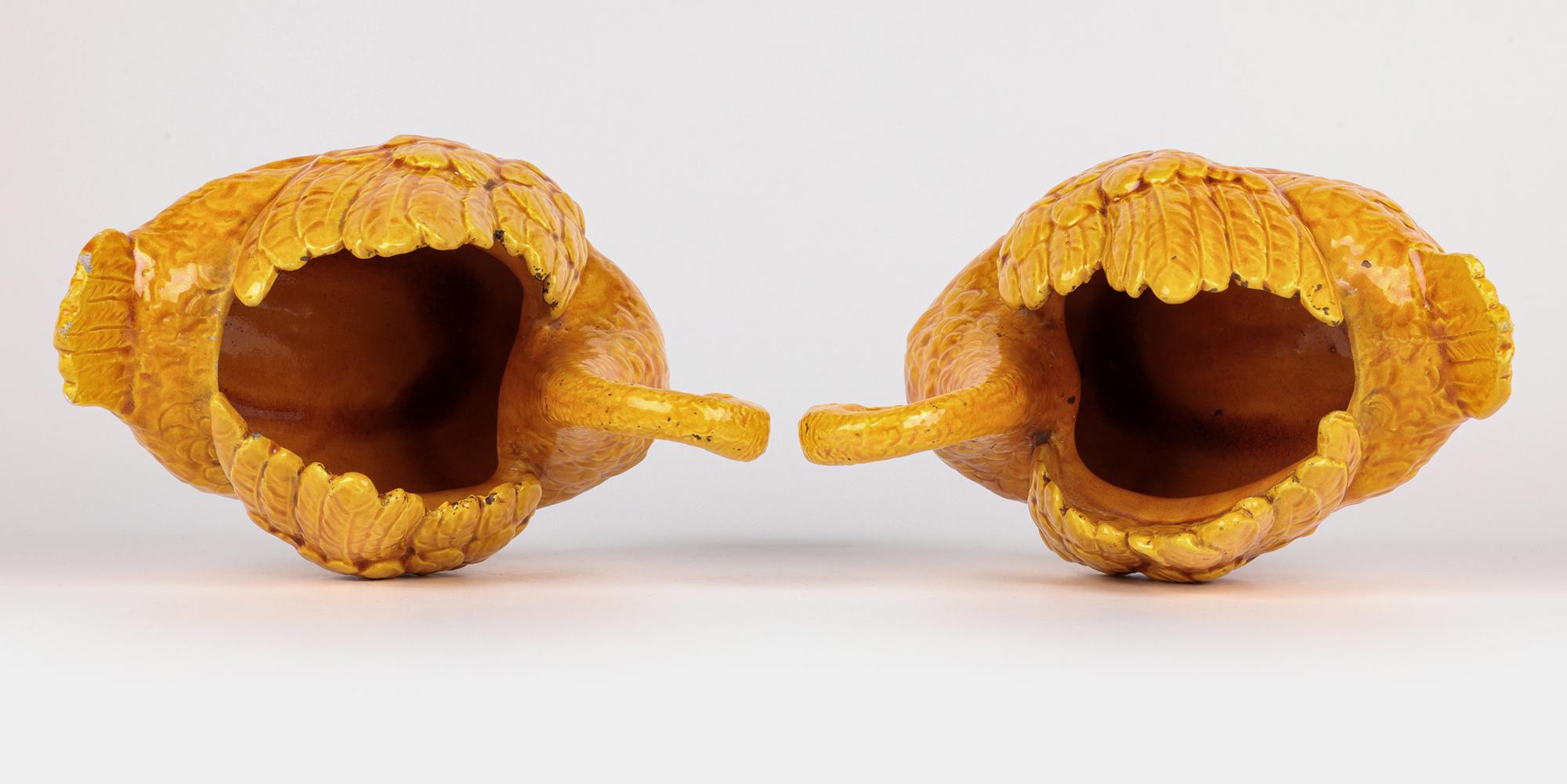 Burmantofts Rare Pair Faience Pottery Yellow Glazed Swan Vases 7