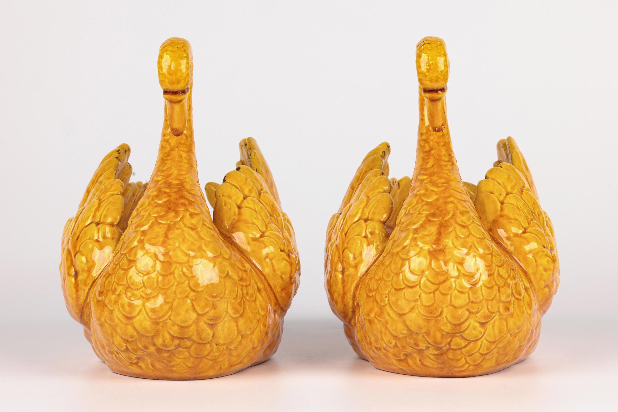 Burmantofts Rare Pair Faience Pottery Yellow Glazed Swan Vases 8