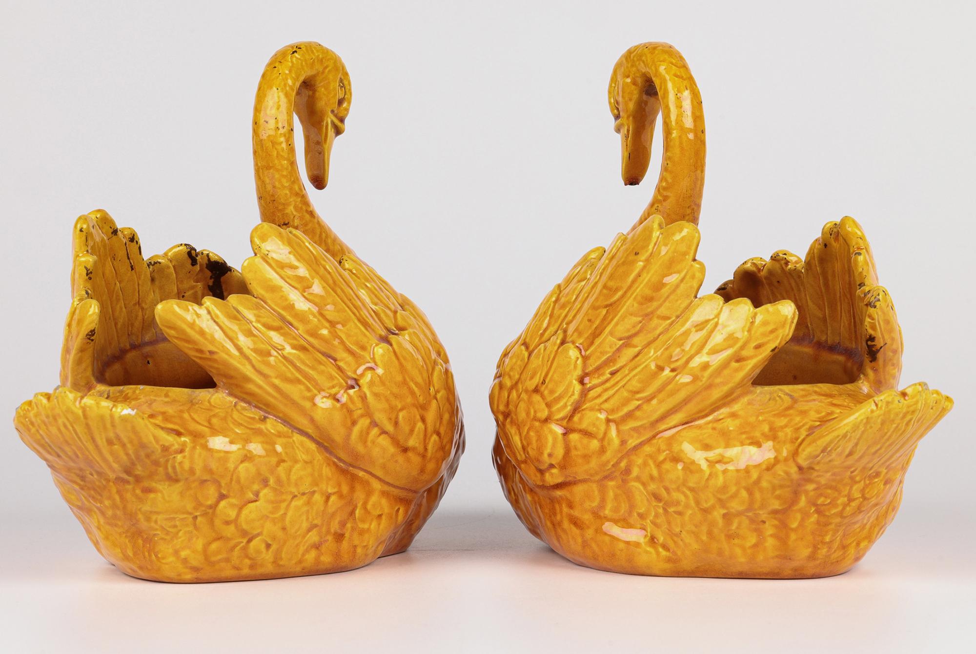 Burmantofts Rare Pair Faience Pottery Yellow Glazed Swan Vases 10
