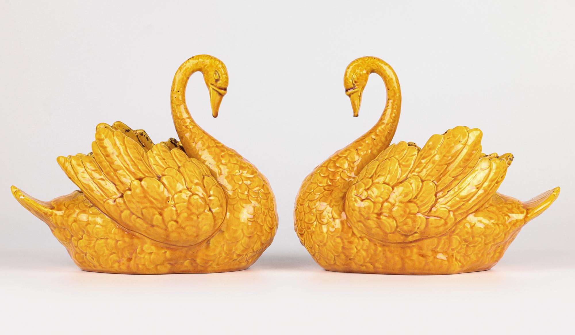 Burmantofts Rare Pair Faience Pottery Yellow Glazed Swan Vases 11