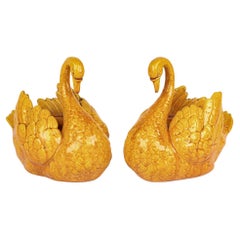 Burmantofts Rare Pair Faience Pottery Yellow Glazed Swan Vases