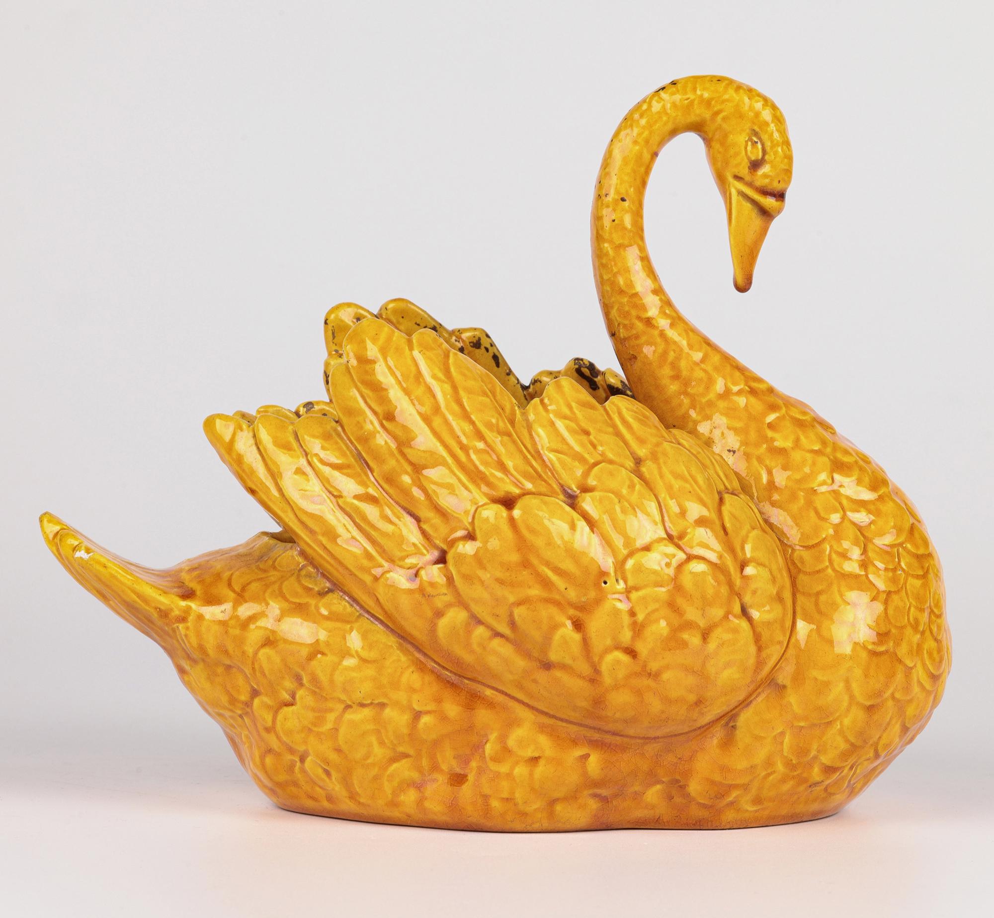 Burmantofts Rare Pair Faience Pottery Yellow Glazed Swan Vases 13