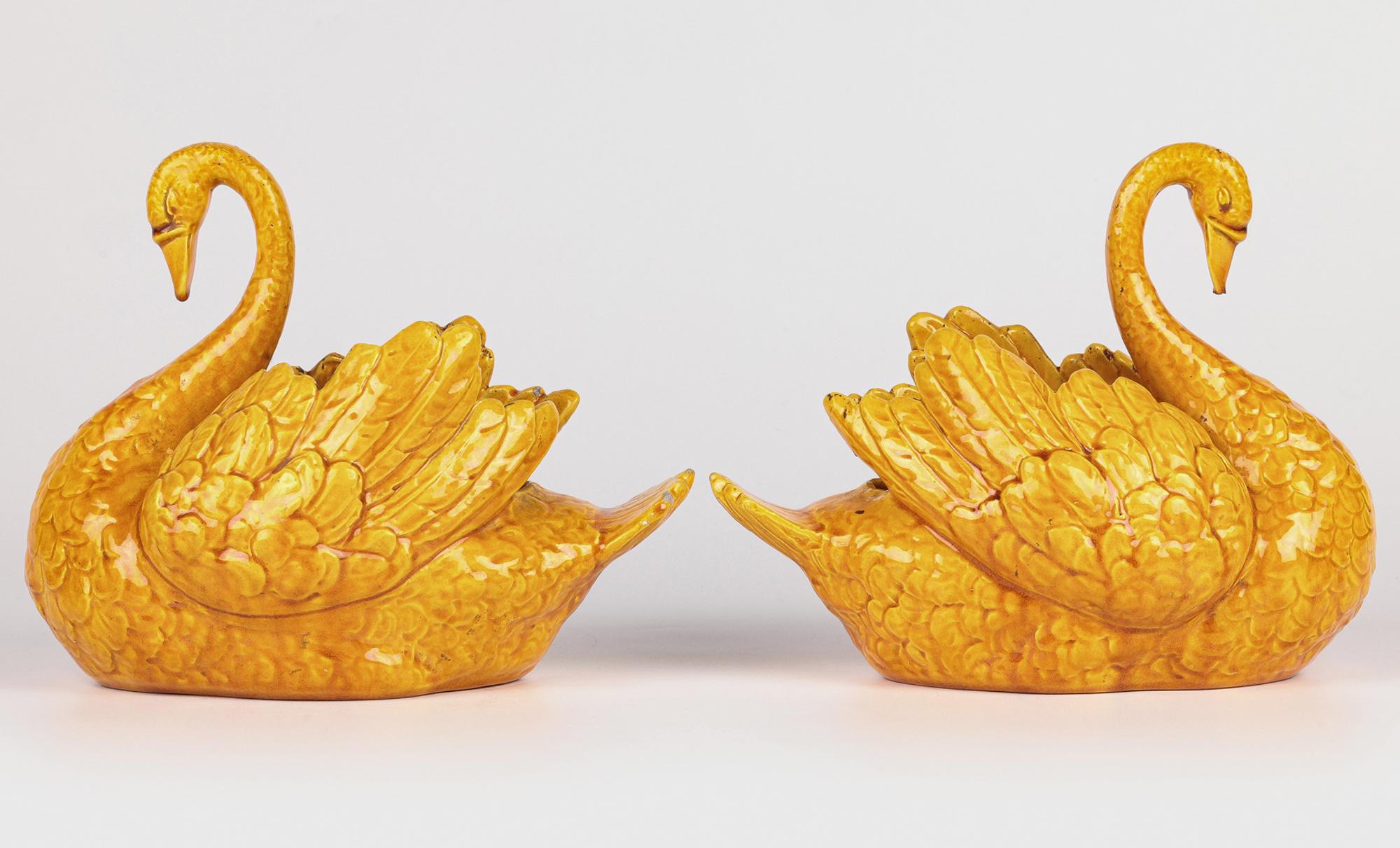 English Burmantofts Rare Pair Faience Pottery Yellow Glazed Swan Vases