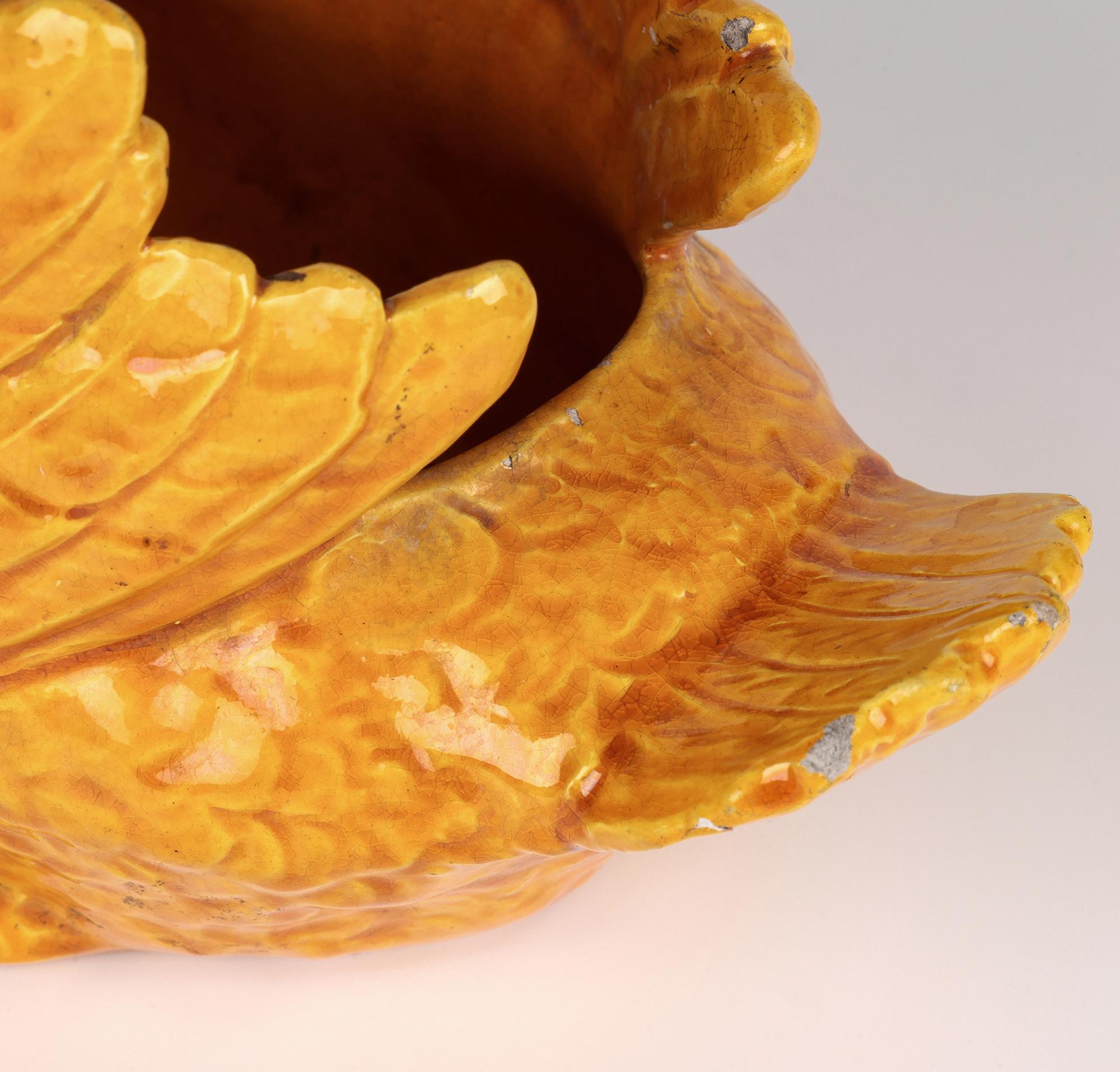 Hand-Carved Burmantofts Rare Pair Faience Pottery Yellow Glazed Swan Vases
