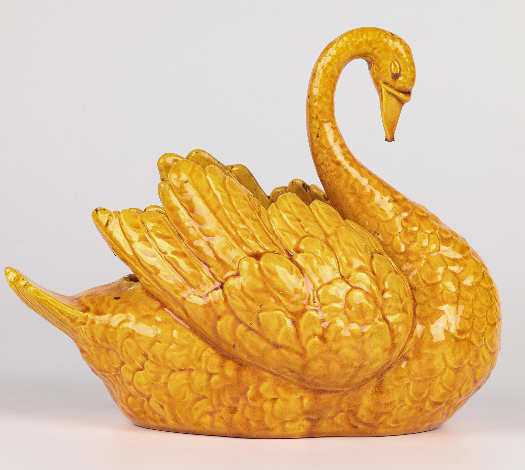 Burmantofts Rare Pair Faience Pottery Yellow Glazed Swan Vases In Good Condition In Bishop's Stortford, Hertfordshire