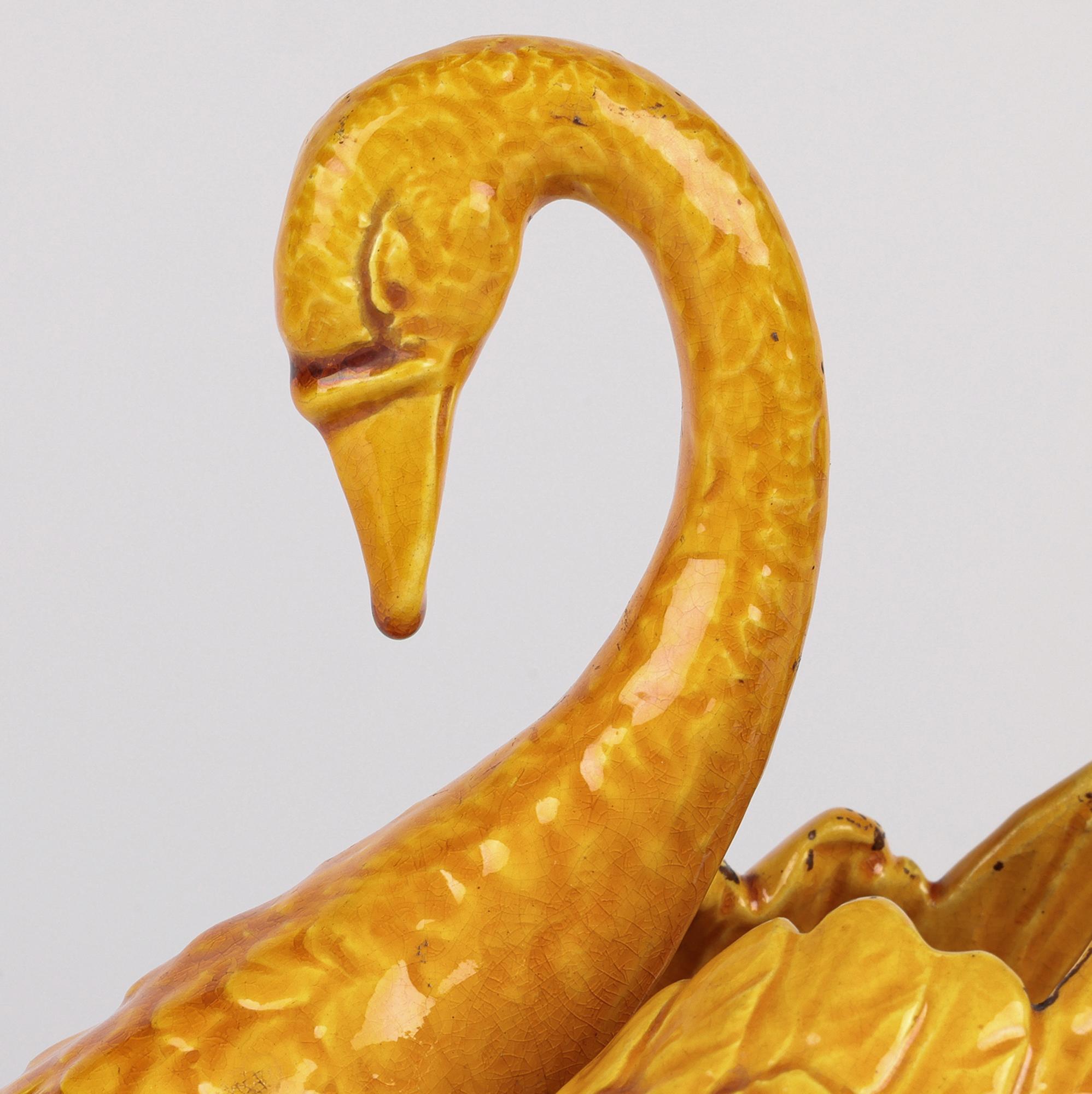 Late 19th Century Burmantofts Rare Pair Faience Pottery Yellow Glazed Swan Vases