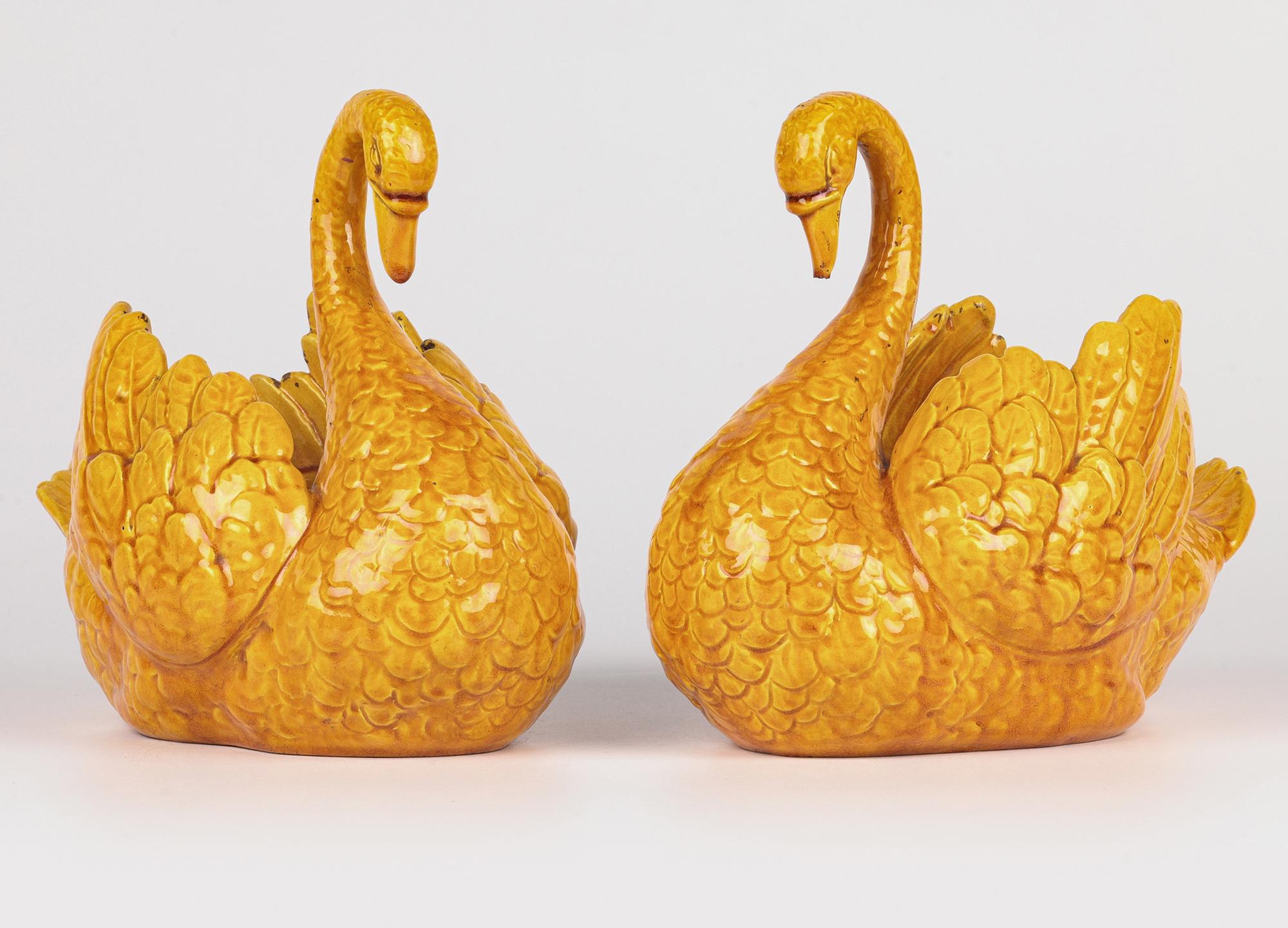 Burmantofts Rare Pair Faience Pottery Yellow Glazed Swan Vases 1