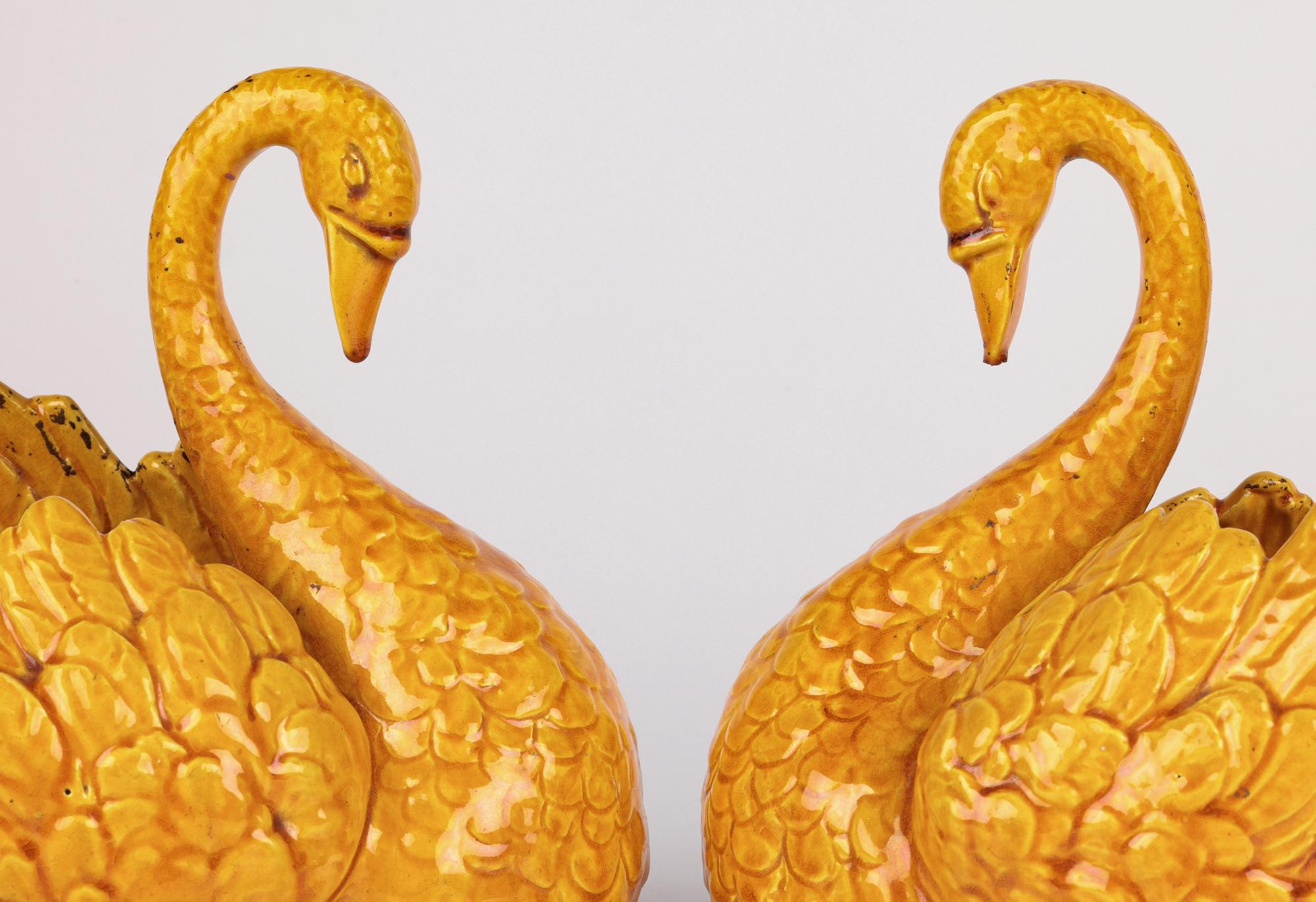 Burmantofts Rare Pair Faience Pottery Yellow Glazed Swan Vases 2