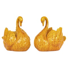 Burmantofts Rare Pair Faience Pottery Yellow Glazed Swan Vases