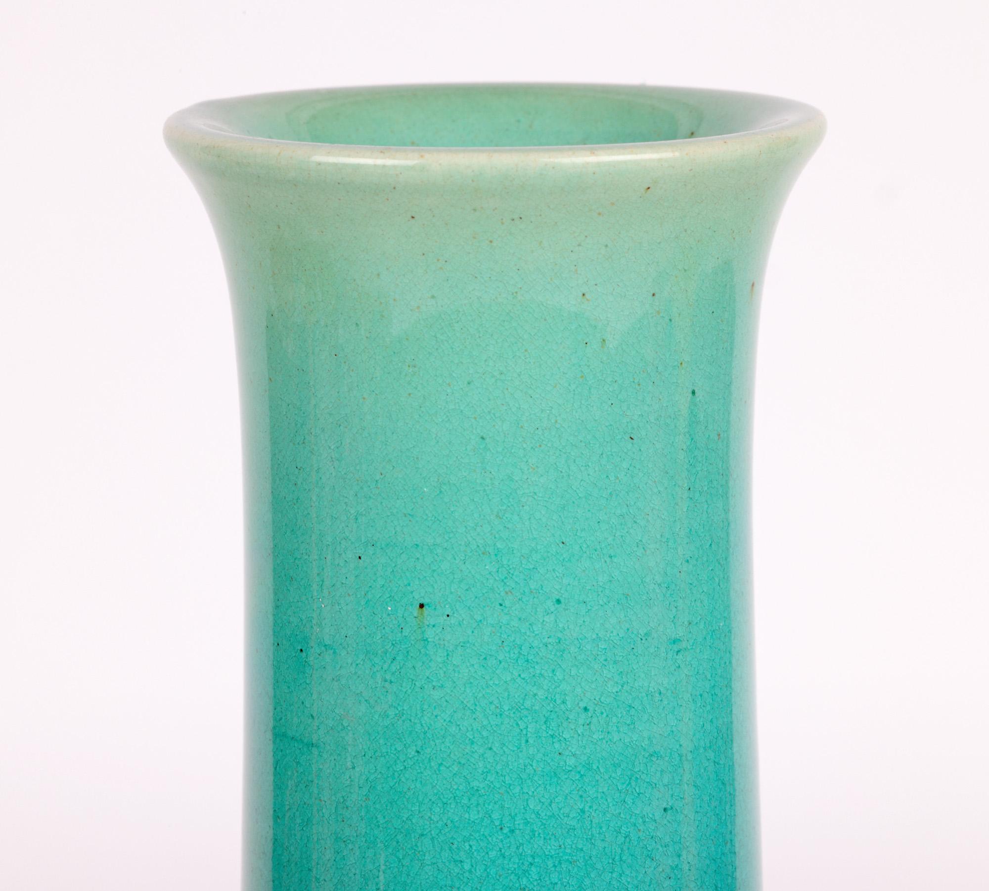 English Burmantofts Tall Bud Shaped Turquoise Glazed Art Pottery Vase