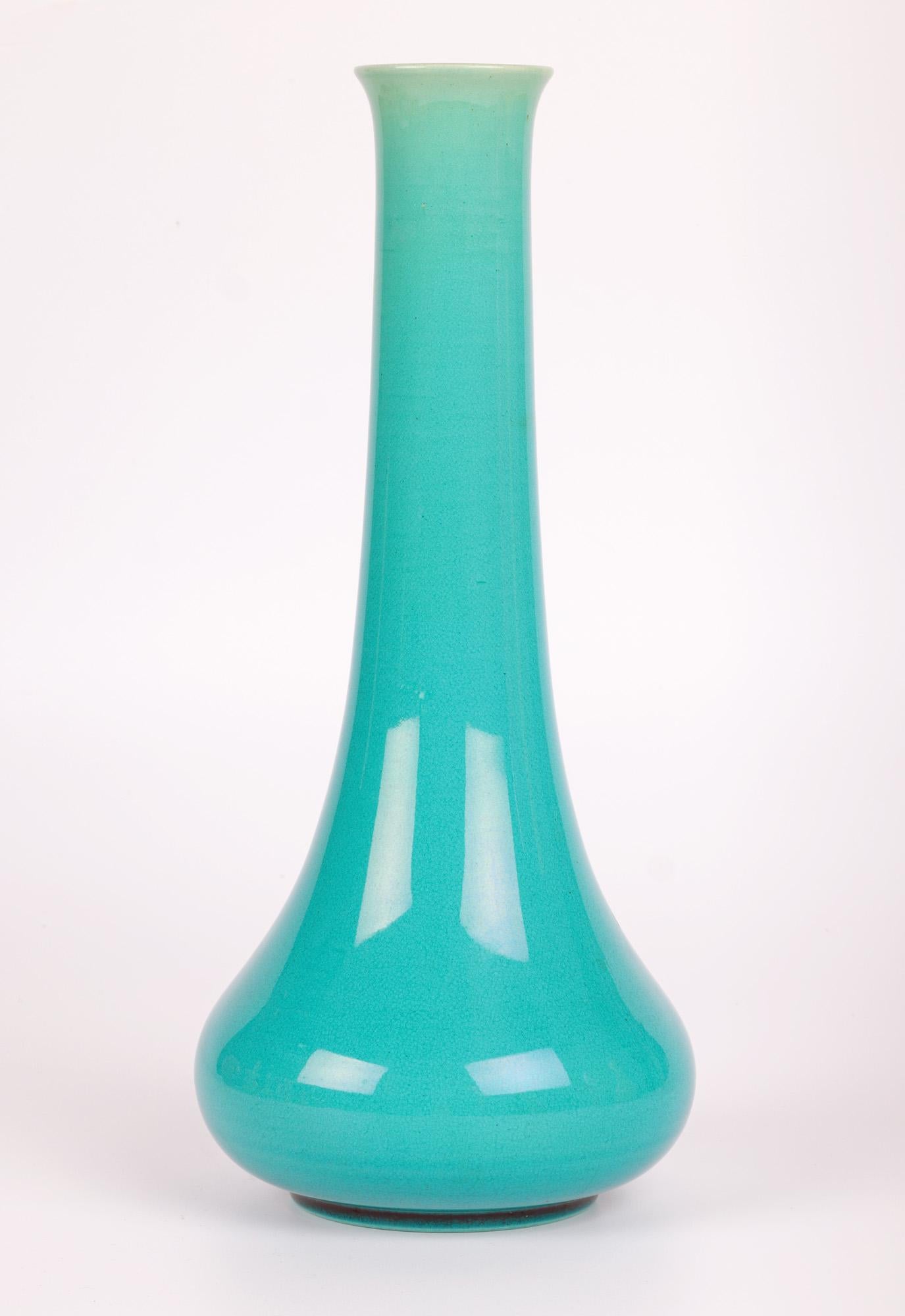Hand-Crafted Burmantofts Tall Bud Shaped Turquoise Glazed Art Pottery Vase