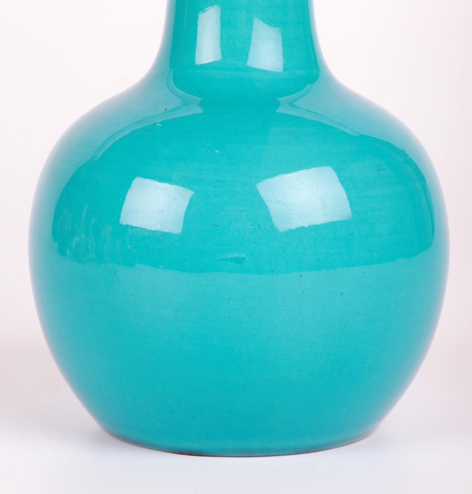 Arts and Crafts Burmantofts Turquoise Glazed Bottle Shape Art Pottery Vase