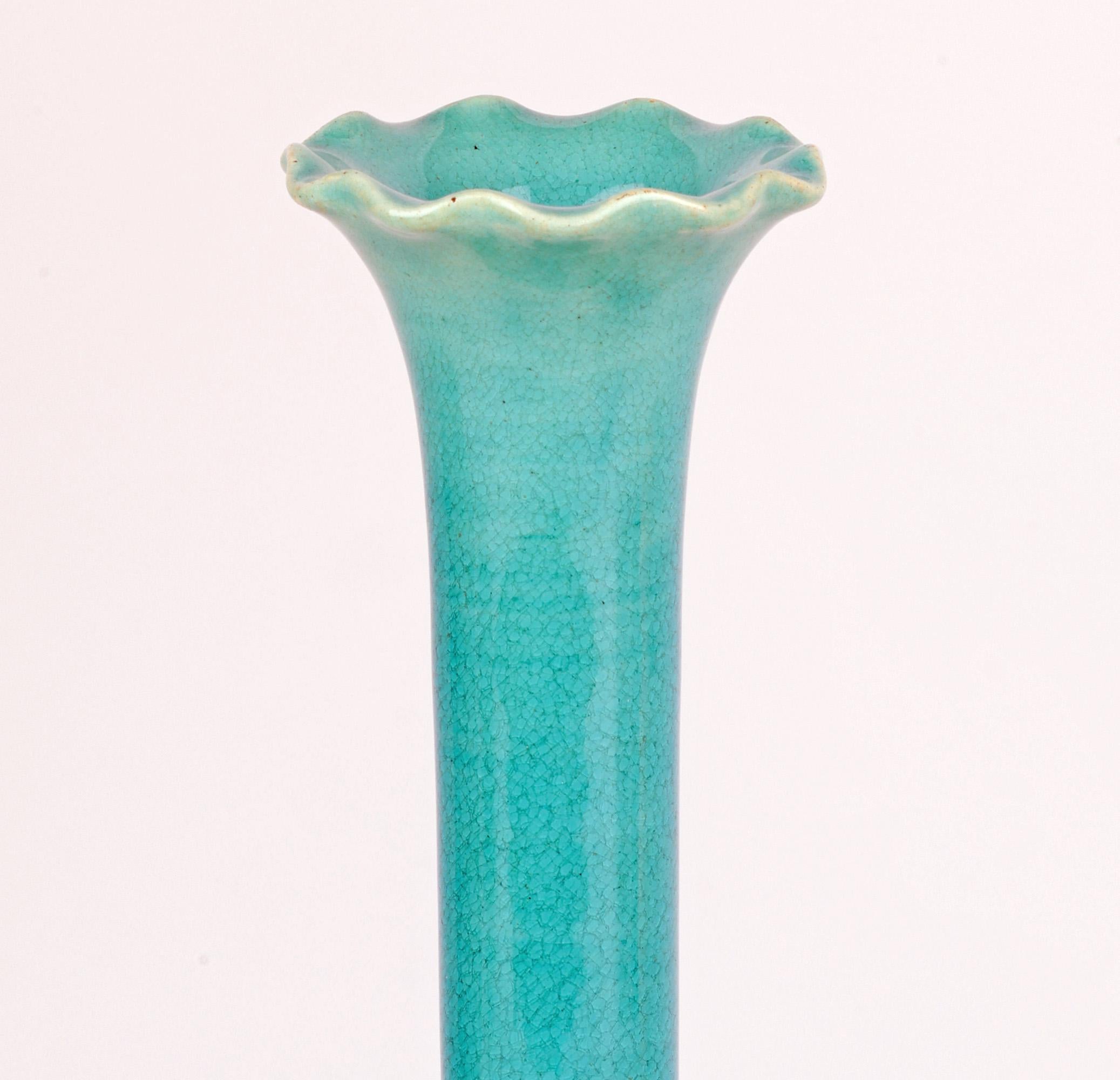 English Burmantofts Turquoise Glazed Solifleur Art Pottery Vase For Sale
