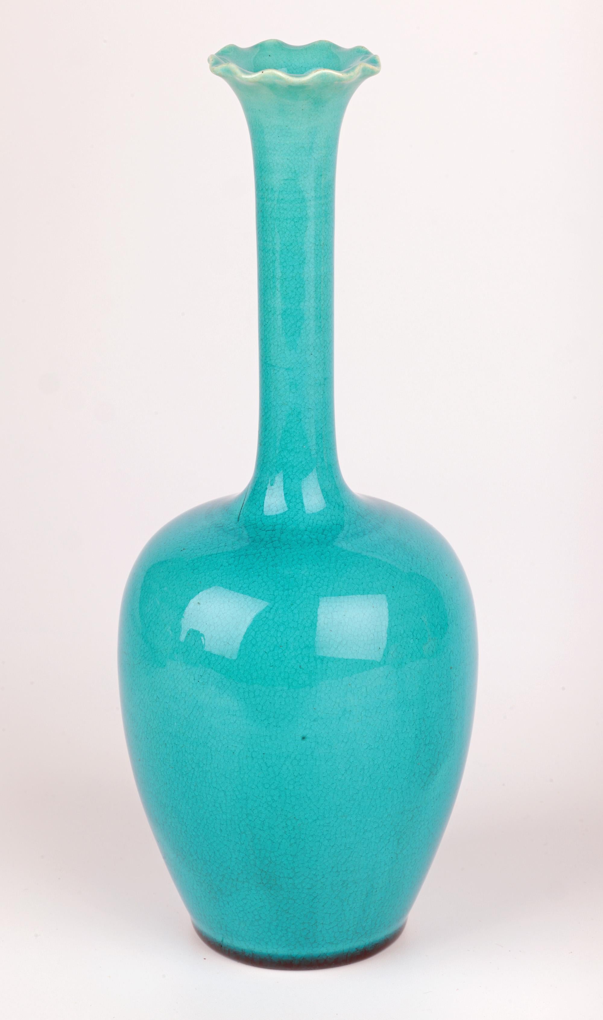 Earthenware Burmantofts Turquoise Glazed Solifleur Art Pottery Vase For Sale