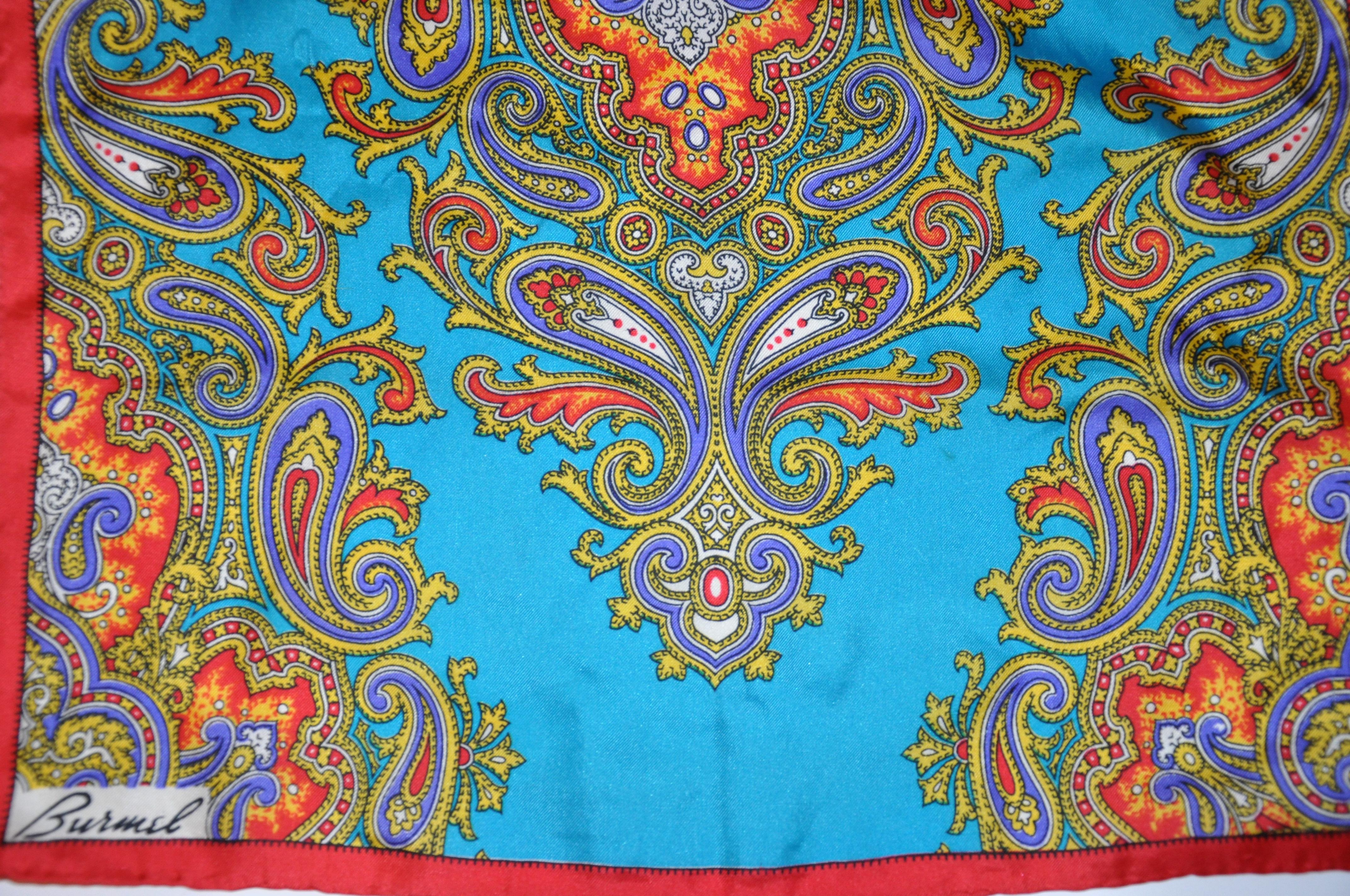 Vert Écharpe en soie à bordure rouge brossée et paillettes multicolores turquoise en vente
