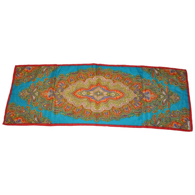 Burmel Red Border With Turquoise Multicolor Palseys Silk Scarf For Sale