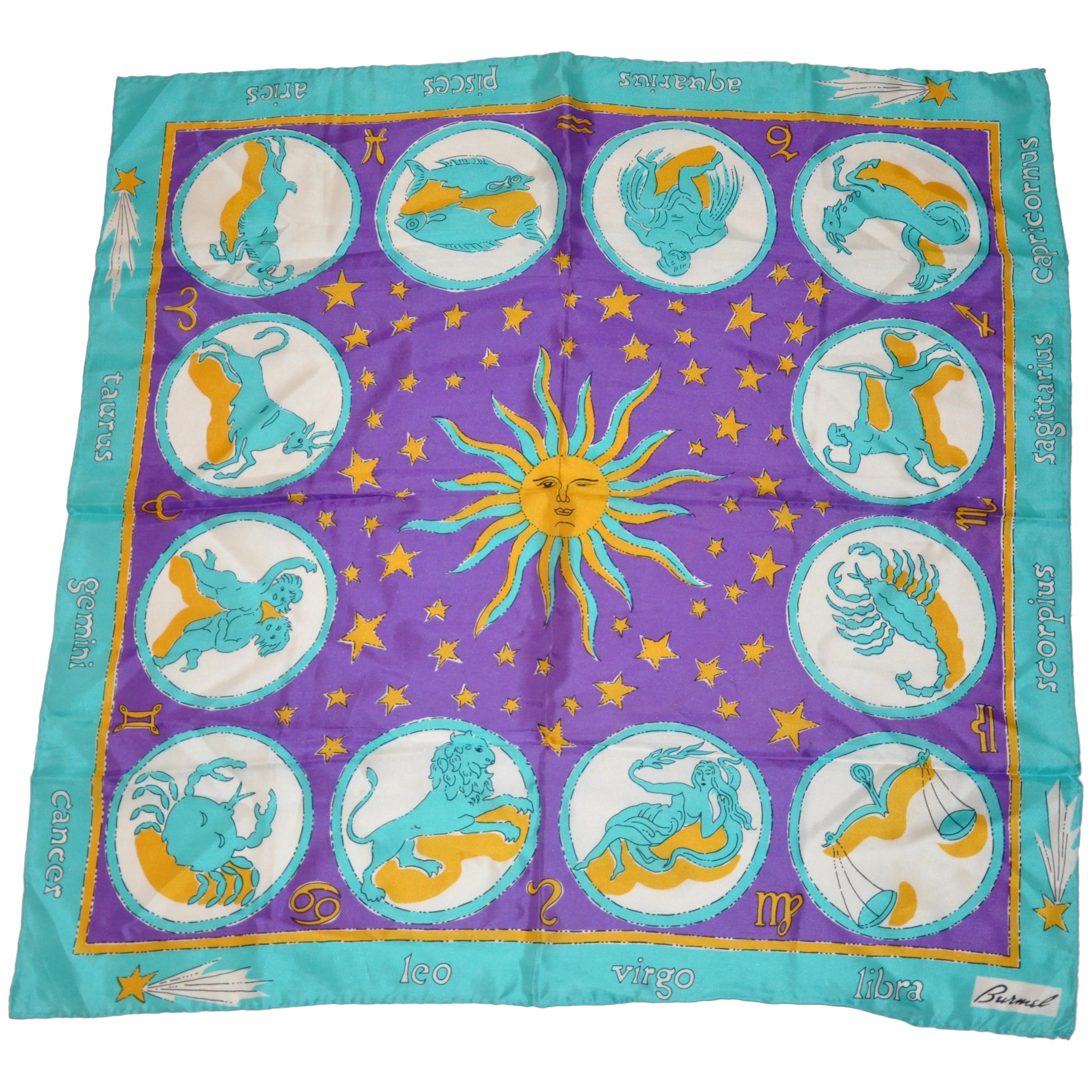 Burmel Whimsical "Astrological Signs" Silk Jacquard Scarf For Sale