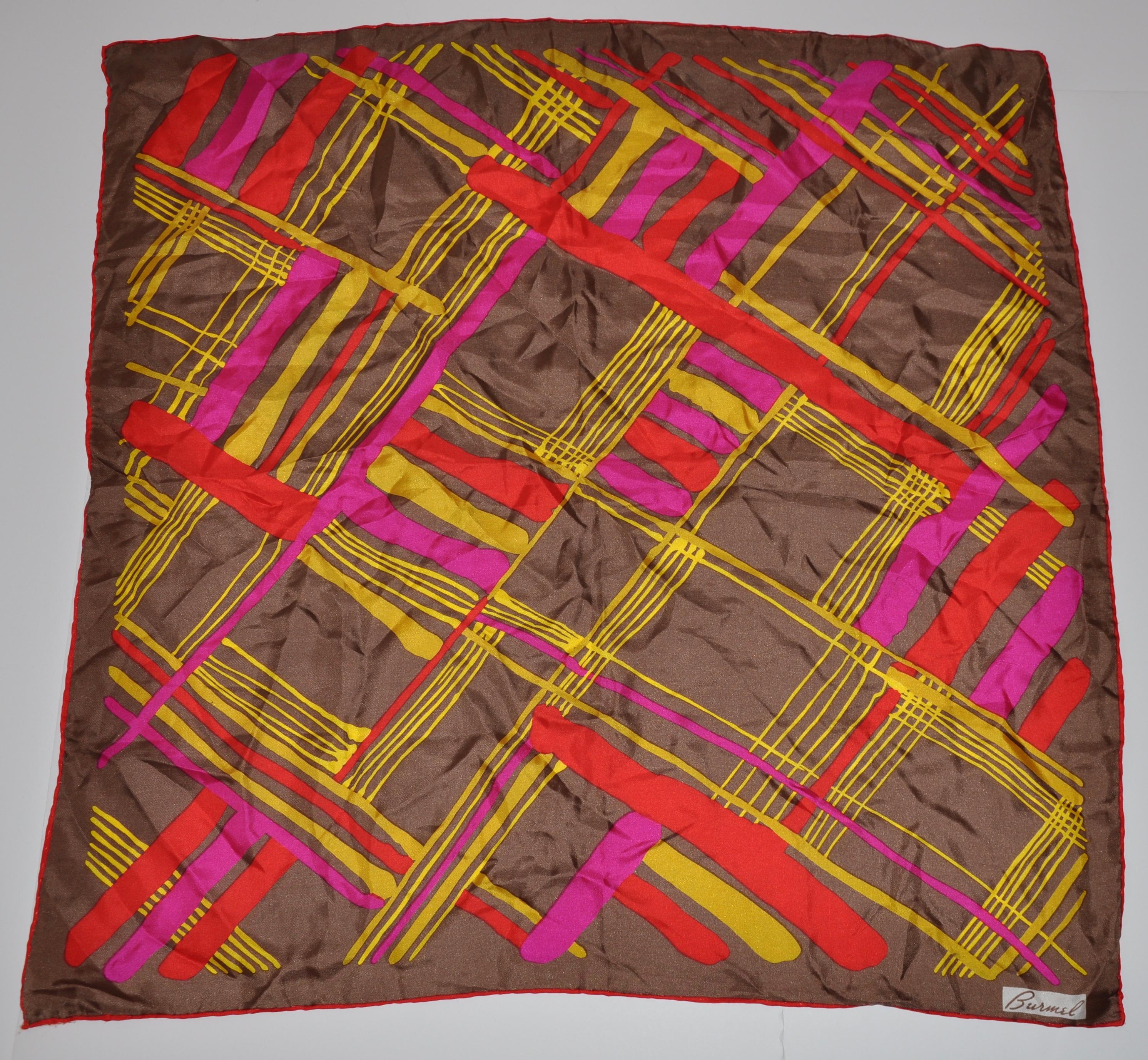 Écharpe en soie à carreaux multicolores avec bords rouges vifs Burmel's Red en vente 2