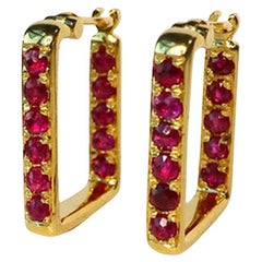 Burmese 18k Gold No Heat Ruby Hoop Earrings, Art Deco Style, 1.46 Ct