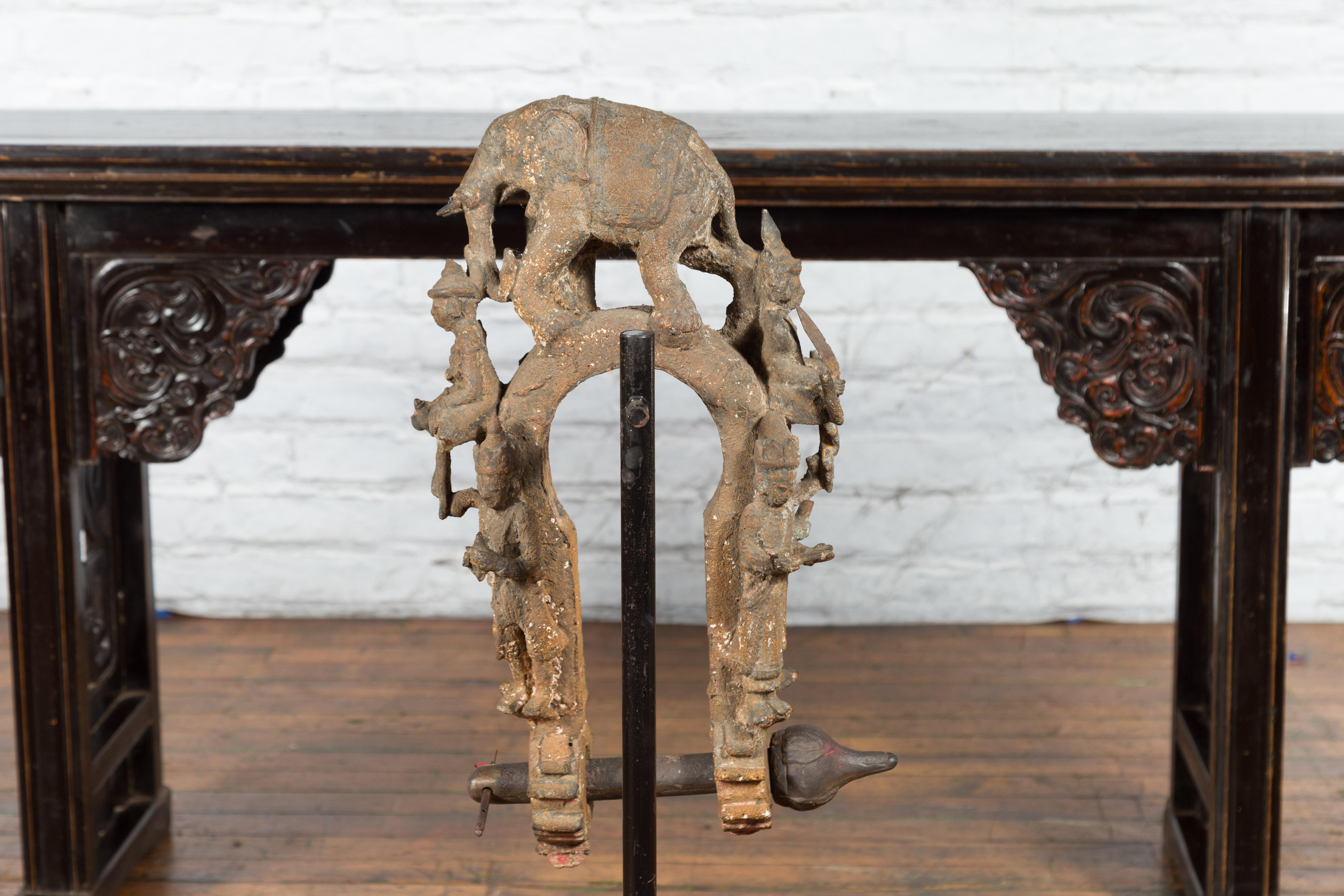 Burmese 18th Century Cast Bronze Buddhist Temple Bell Bracket with Elephant For Sale 7