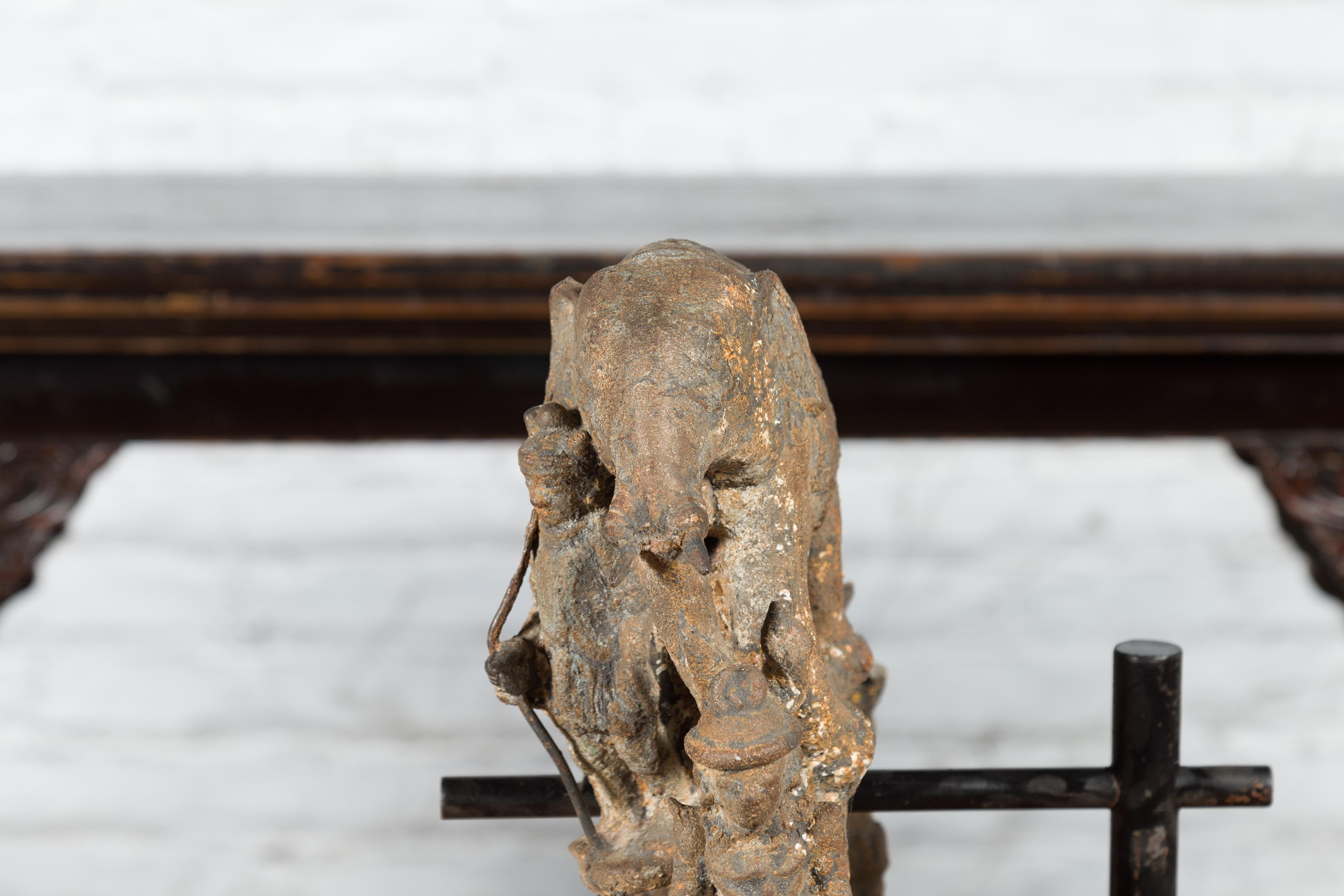 Burmese 18th Century Cast Bronze Buddhist Temple Bell Bracket with Elephant For Sale 9