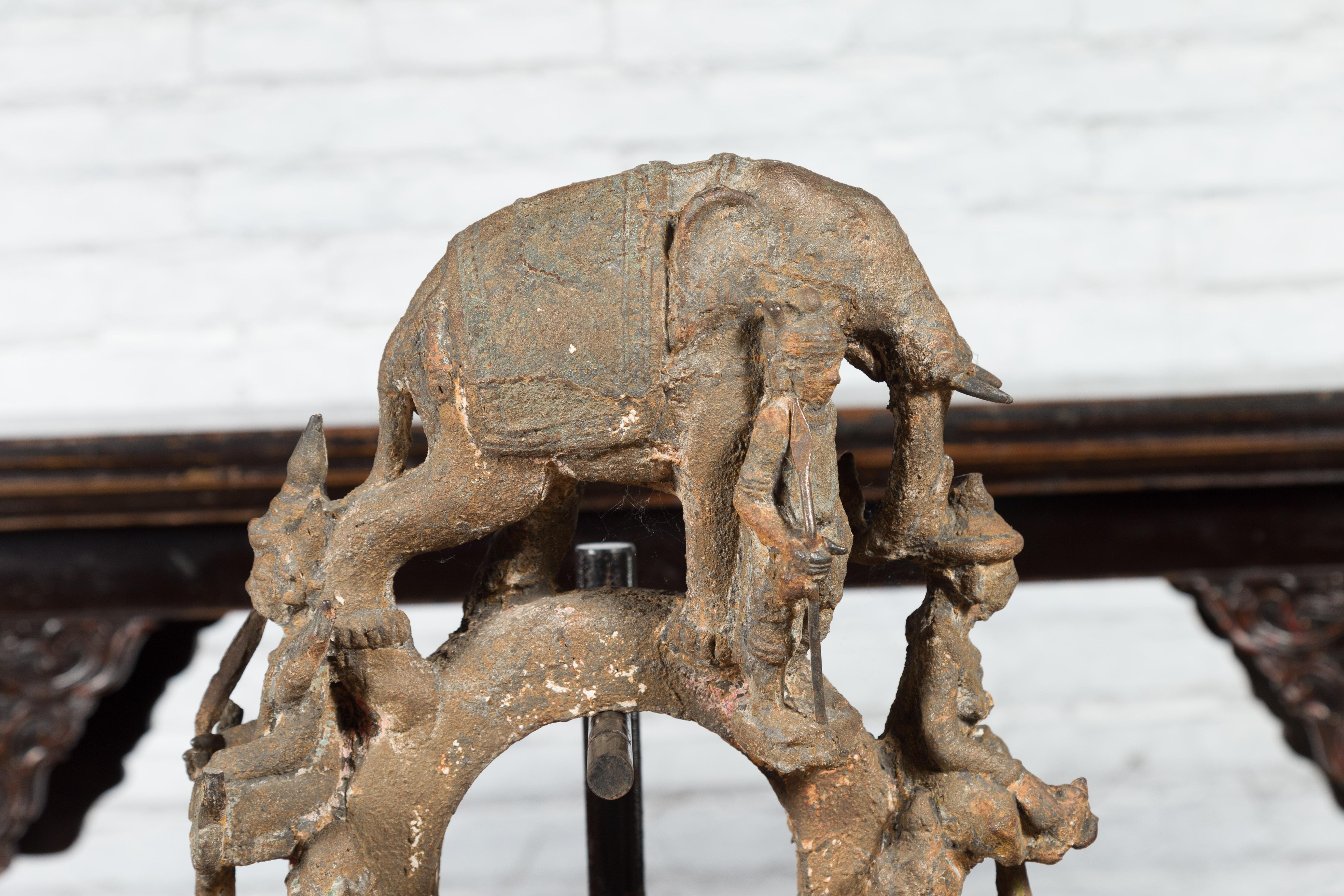 18th Century and Earlier Burmese 18th Century Cast Bronze Buddhist Temple Bell Bracket with Elephant For Sale