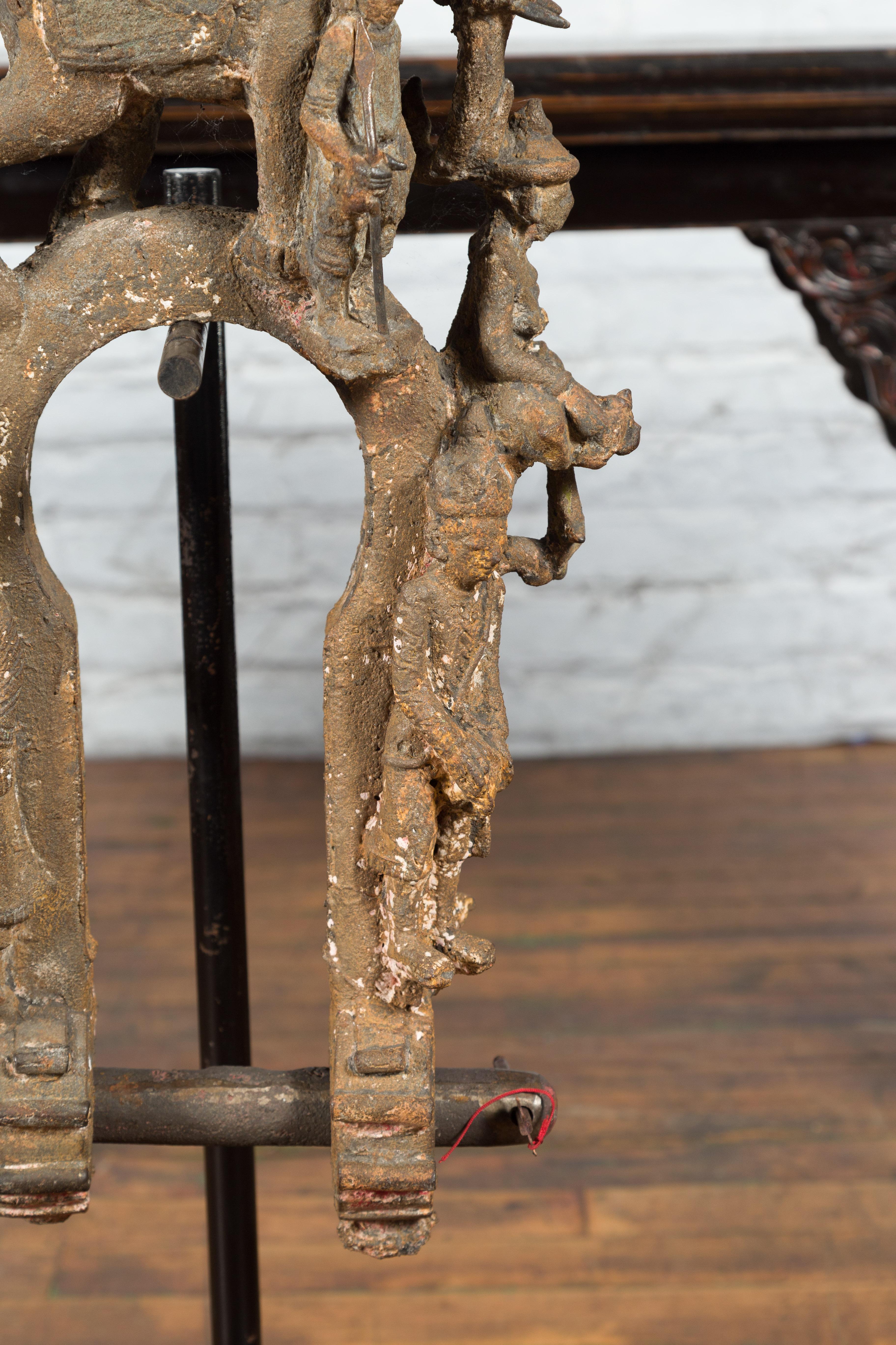 Burmese 18th Century Cast Bronze Buddhist Temple Bell Bracket with Elephant For Sale 1