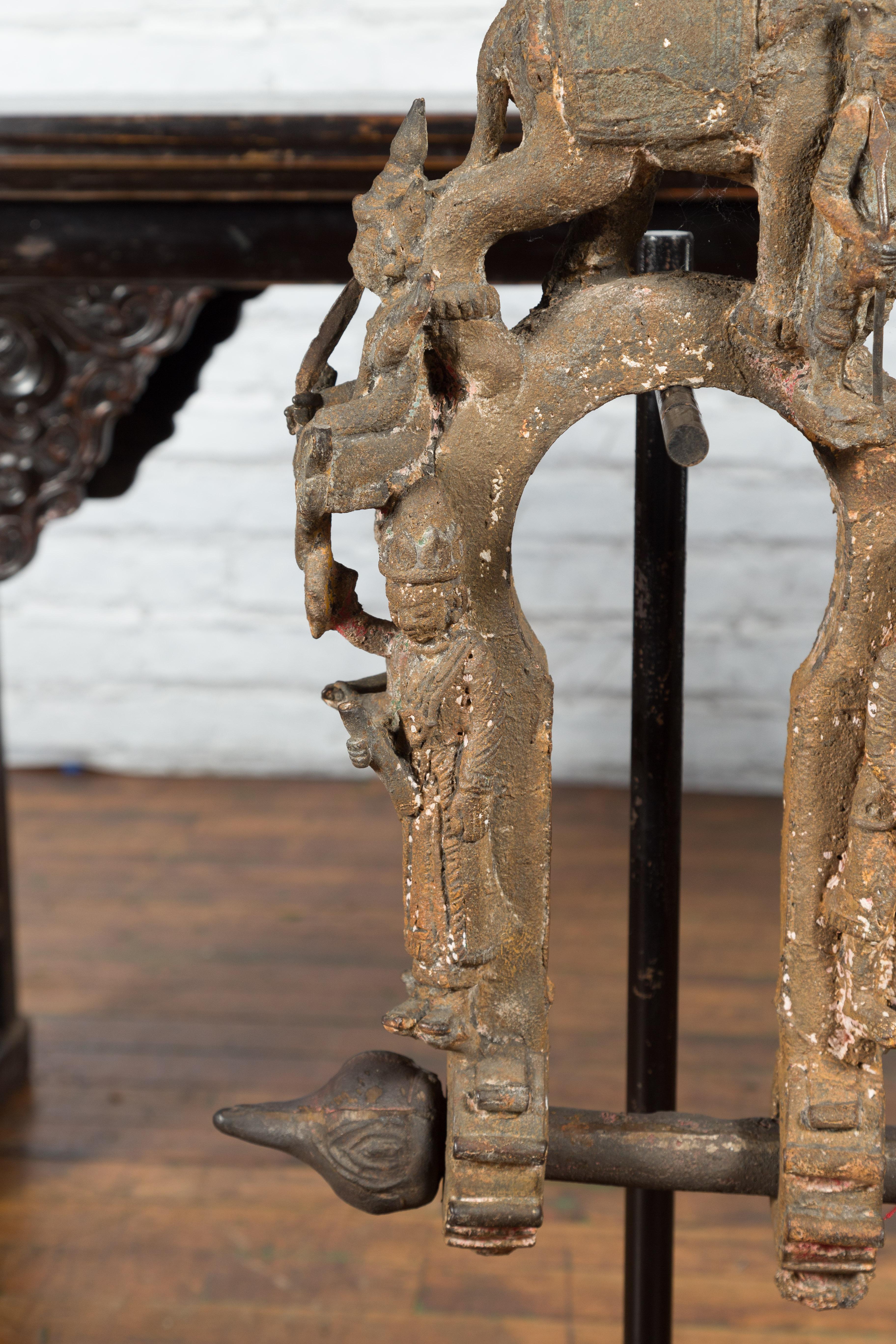 Burmese 18th Century Cast Bronze Buddhist Temple Bell Bracket with Elephant For Sale 2