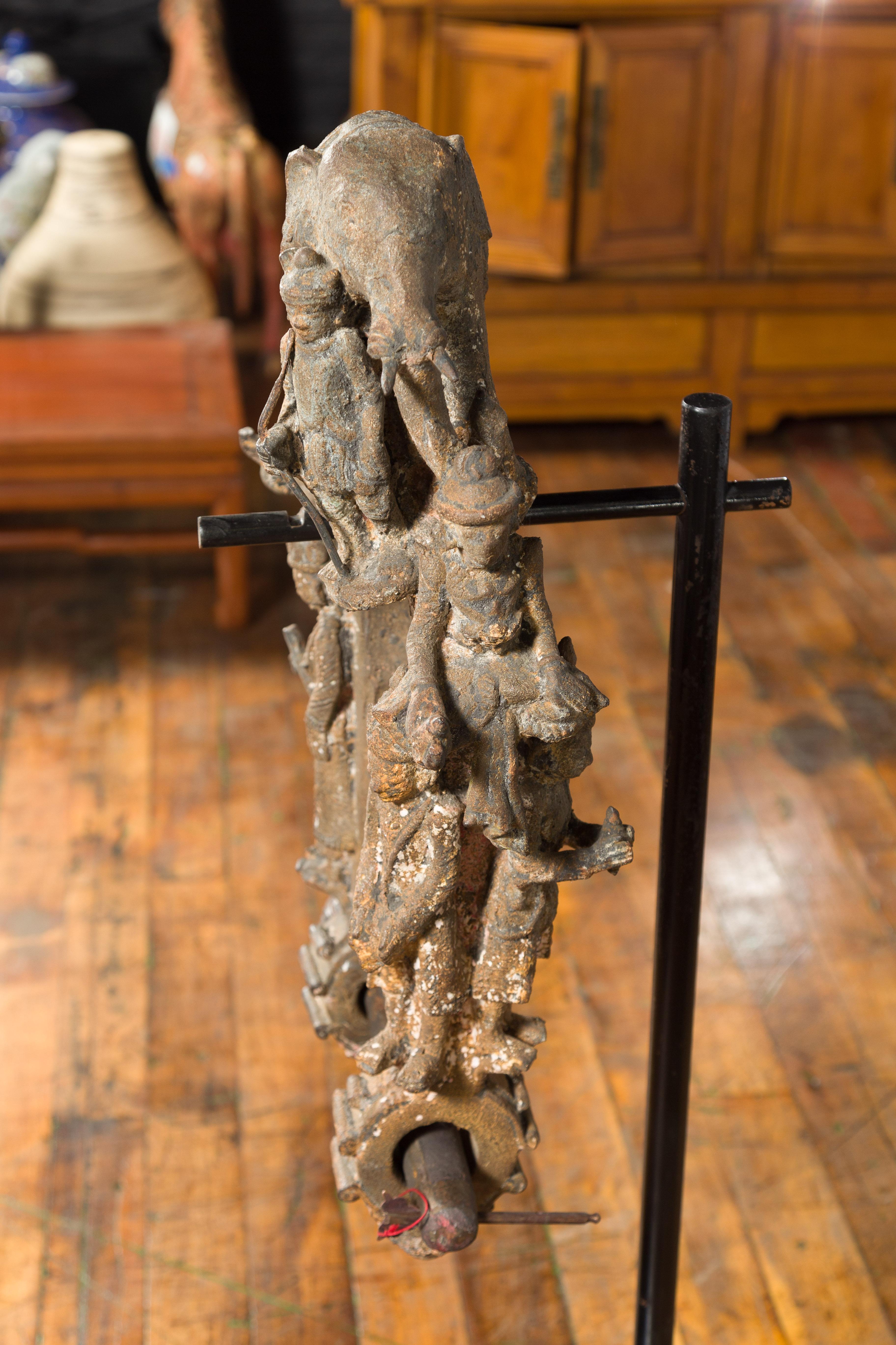 Burmese 18th Century Cast Bronze Buddhist Temple Bell Bracket with Elephant For Sale 5