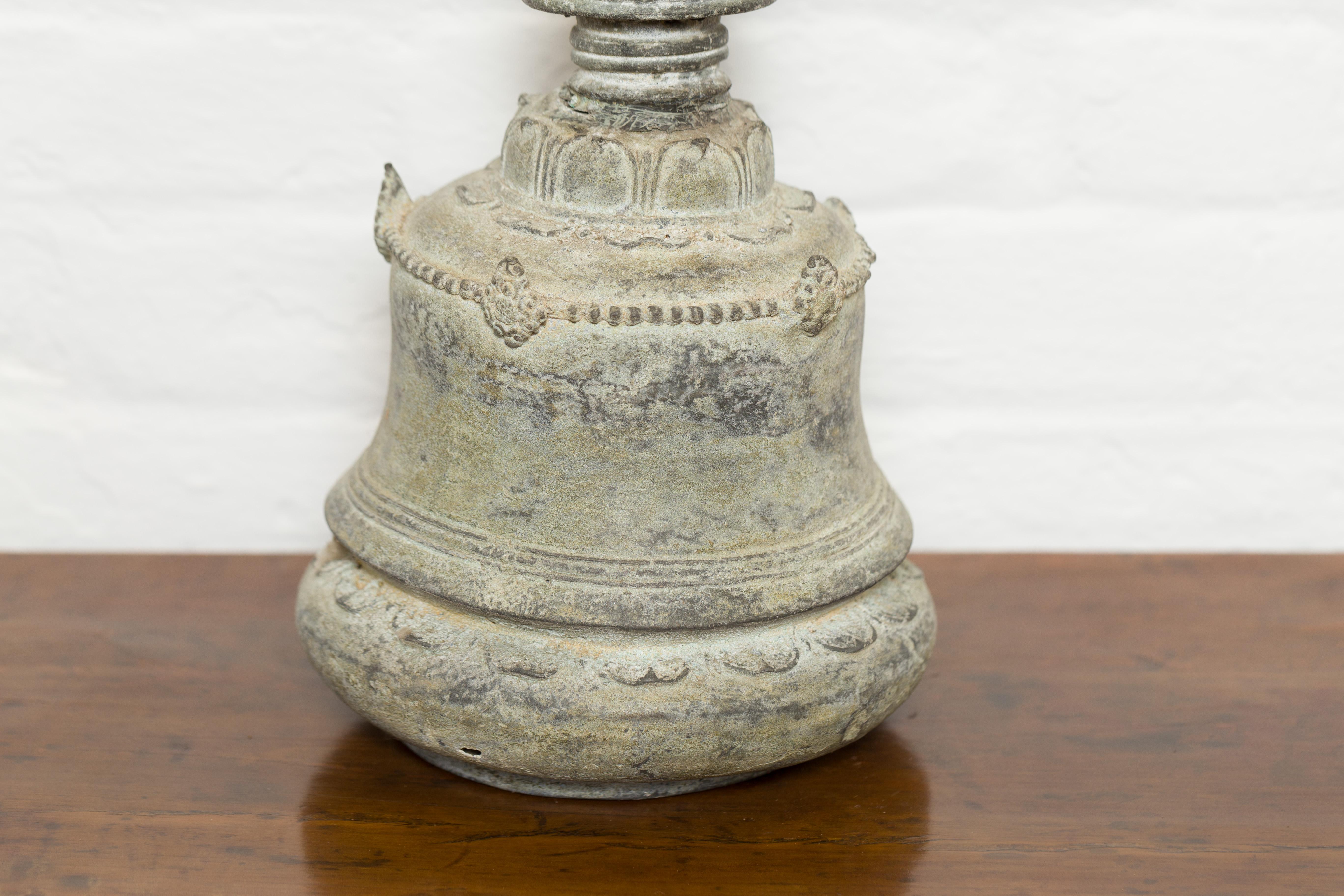 Burmese 19th Century Bronze Ceremonial Bell with Verde Patina and Cow Motif For Sale 5