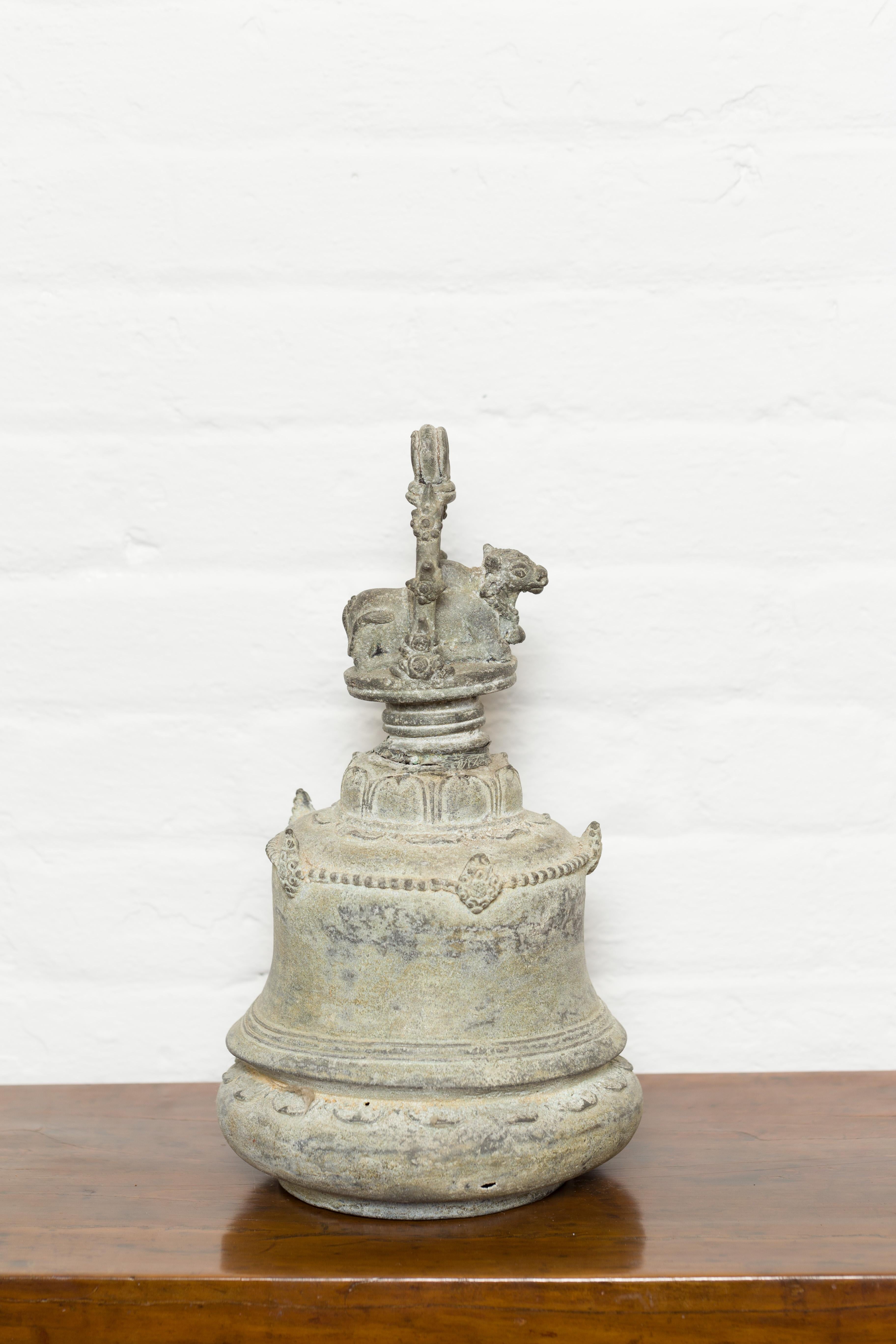 Burmese 19th Century Bronze Ceremonial Bell with Verde Patina and Cow Motif For Sale 6