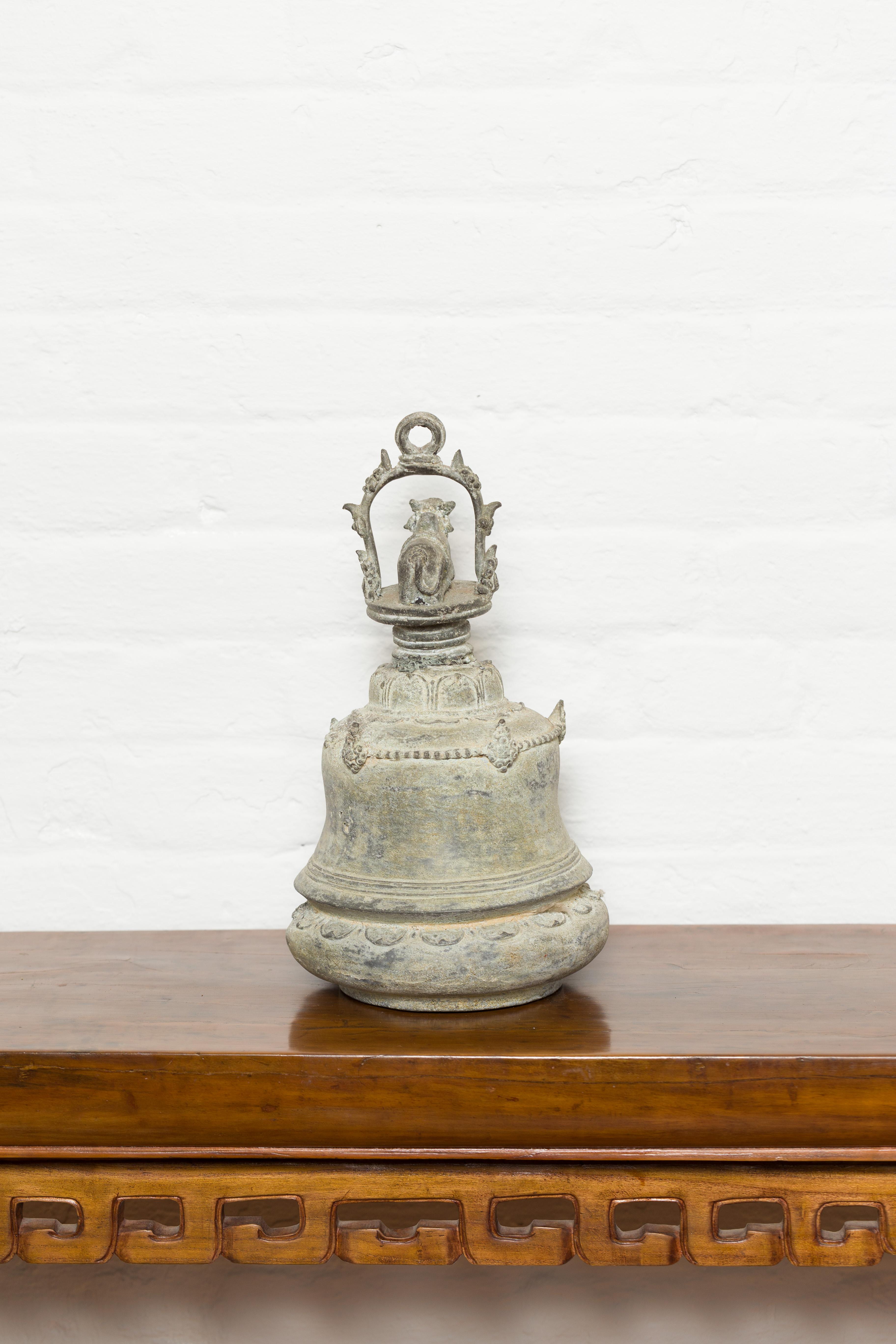 Burmese 19th Century Bronze Ceremonial Bell with Verde Patina and Cow Motif For Sale 7