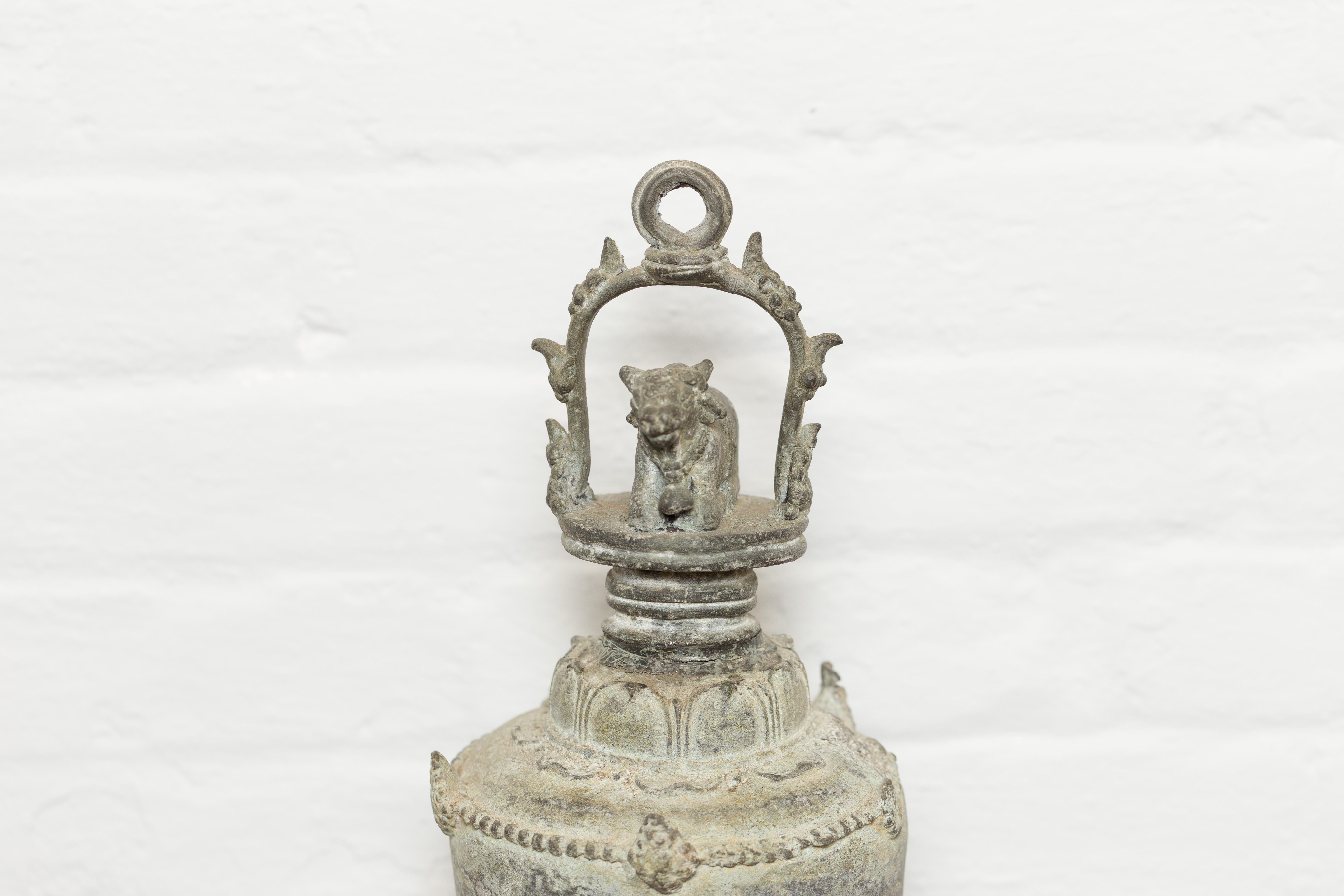 Patinated Burmese 19th Century Bronze Ceremonial Bell with Verde Patina and Cow Motif For Sale