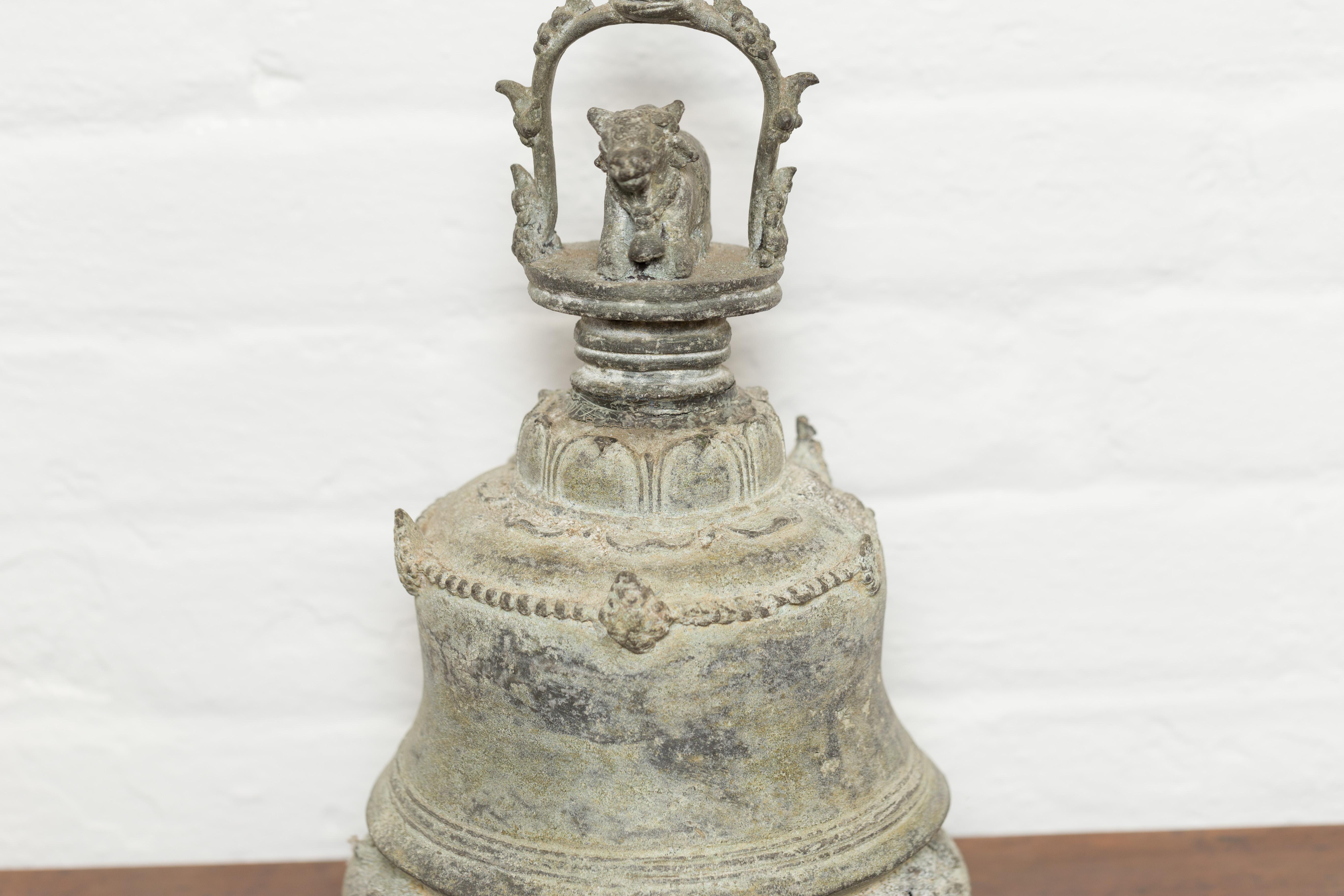 Burmese 19th Century Bronze Ceremonial Bell with Verde Patina and Cow Motif In Good Condition For Sale In Yonkers, NY