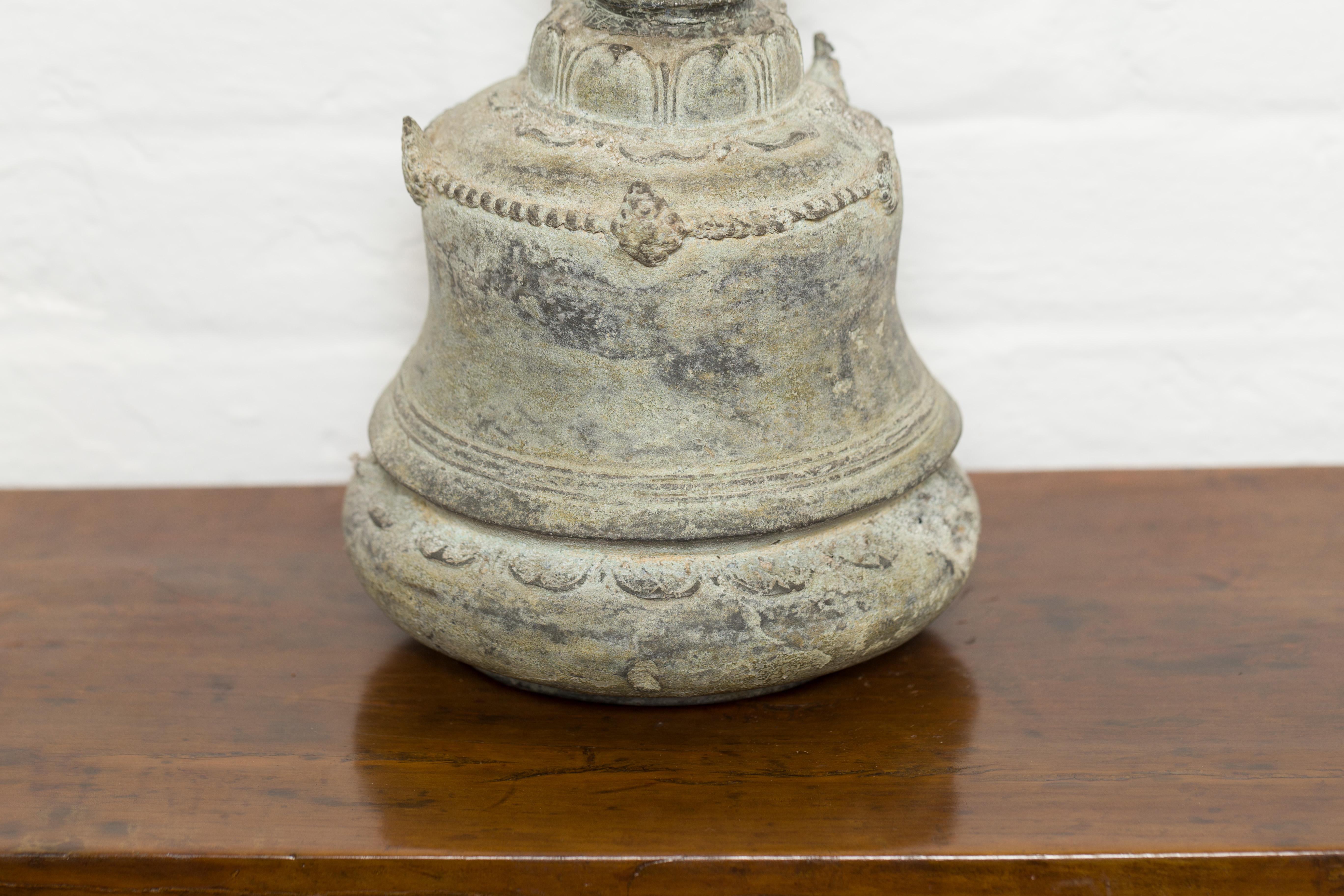 Burmese 19th Century Bronze Ceremonial Bell with Verde Patina and Cow Motif For Sale 1