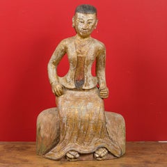 19th Century Hand-Carved Gilded Seated Woman Statue in Traditional Costume