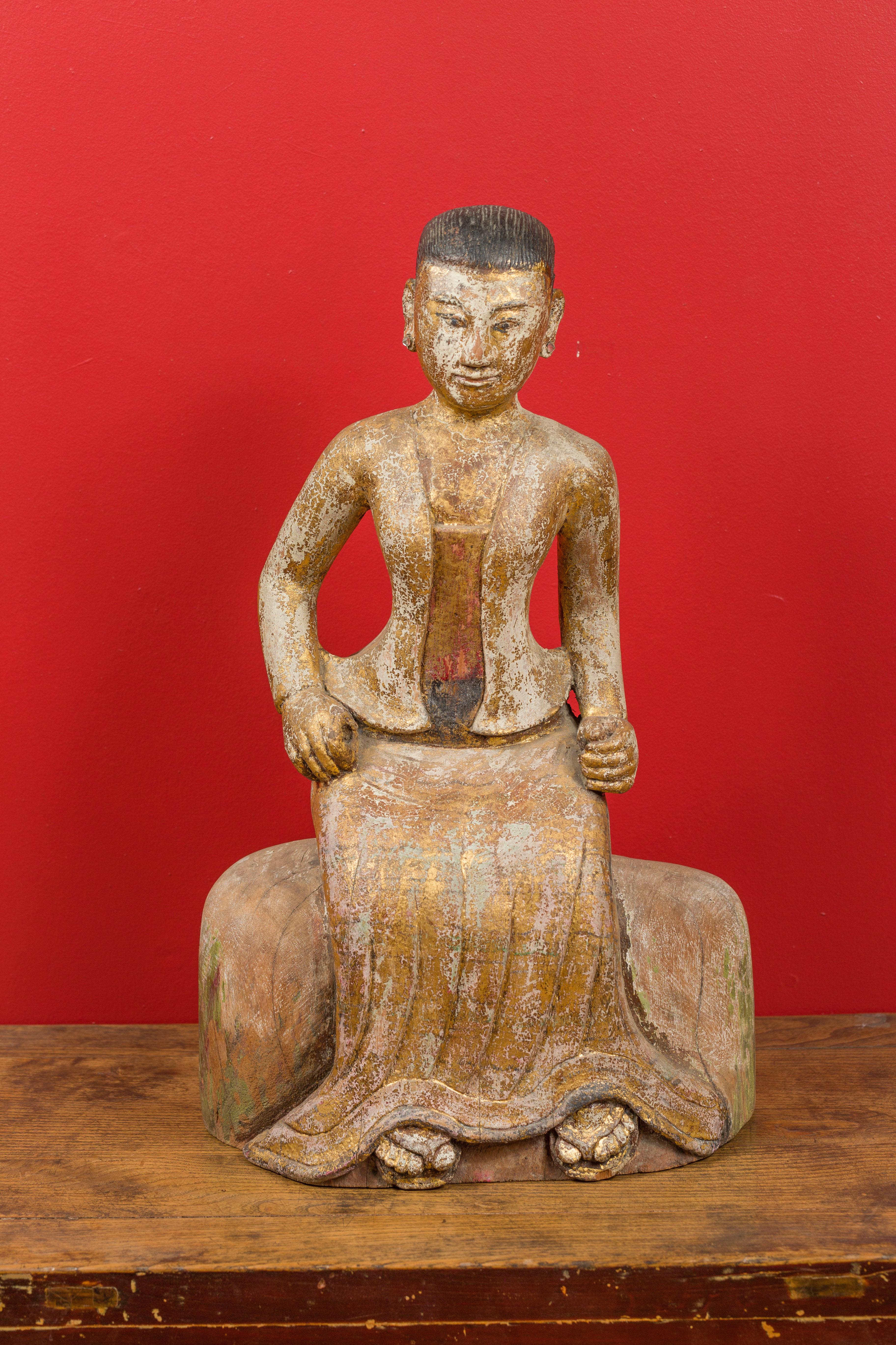 Hand-Carved Burmese 19th Century Hand Carved, Gilded and Painted Sculpture of a Seated Woman For Sale