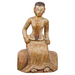 Burmese 19th Century Hand Carved, Gilded and Painted Sculpture of a Seated Woman