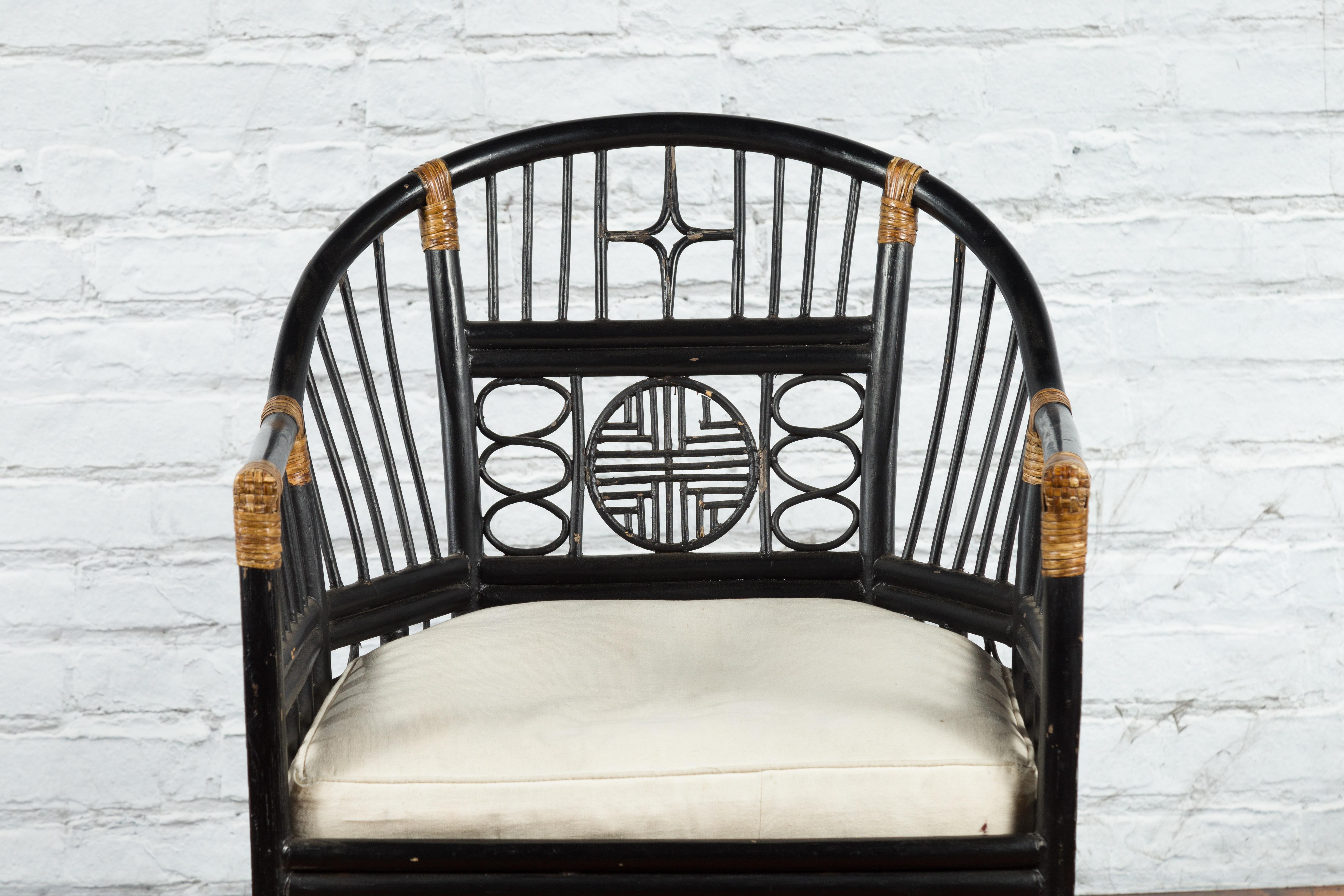 Upholstery Burmese 19th Century Horseshoe Back Chair with Bamboo Fretwork Geometric Motifs