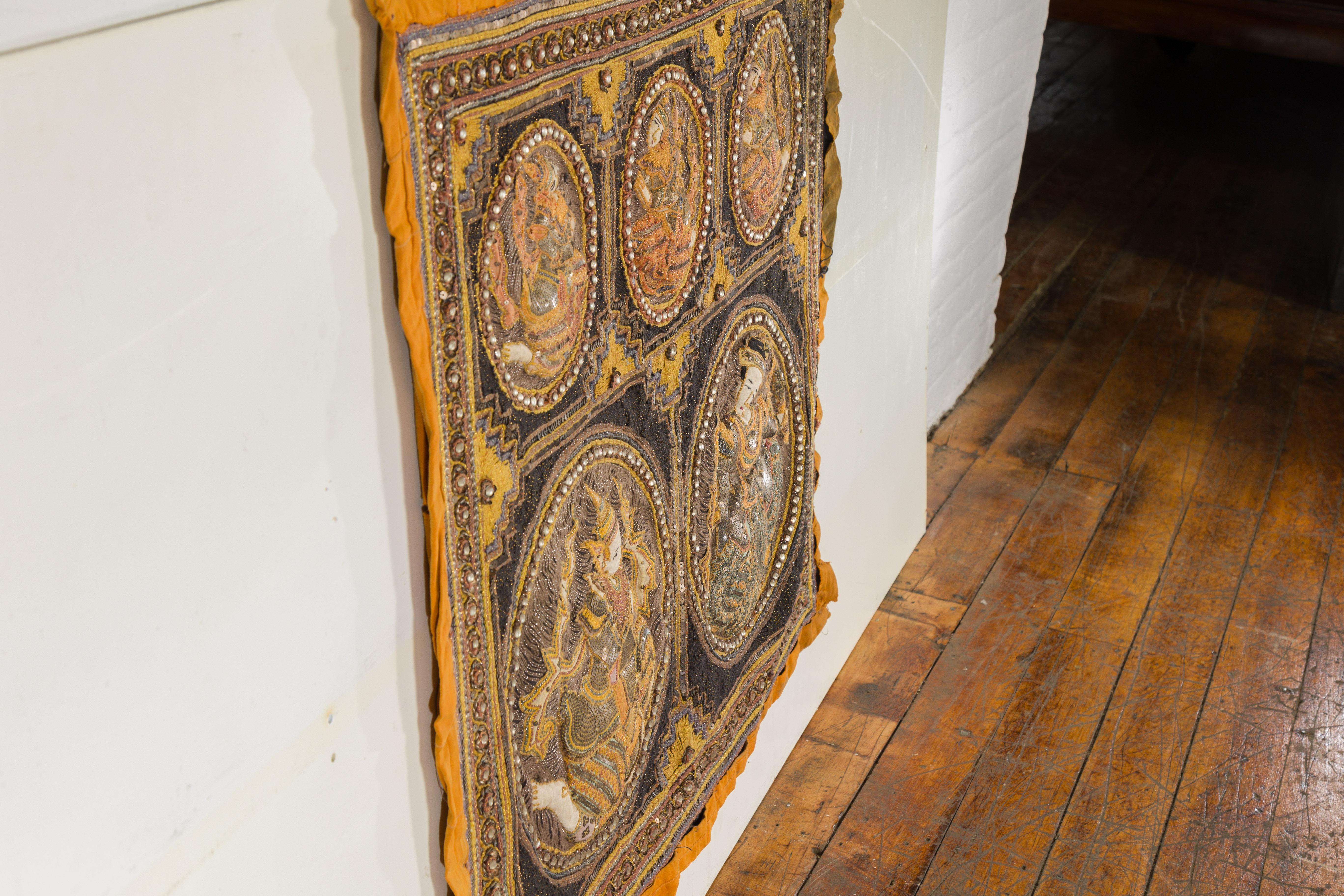 Orange and Yellow Antique Tapestry with Sequins  For Sale 9