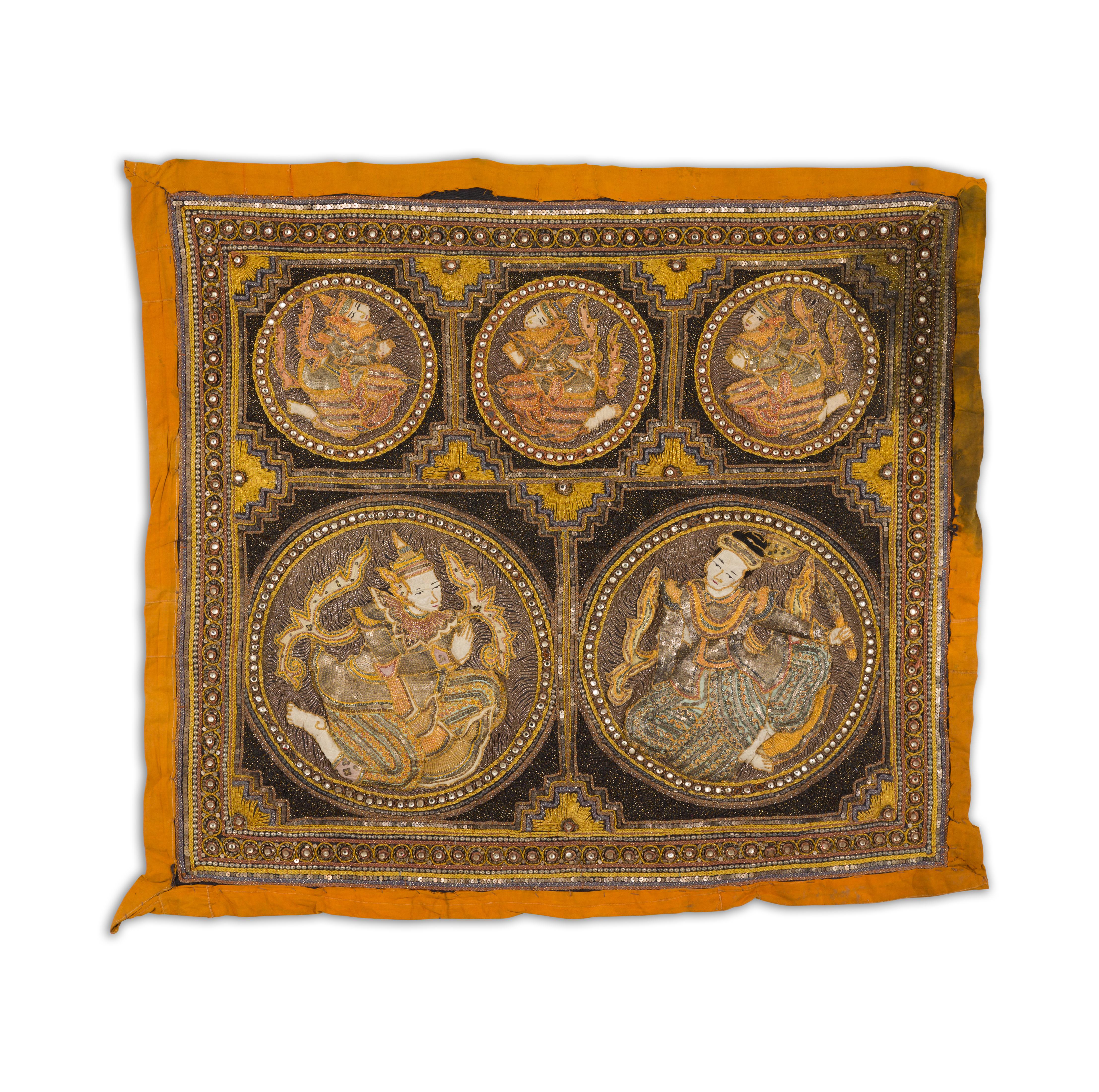 Orange and Yellow Antique Tapestry with Sequins  For Sale 12