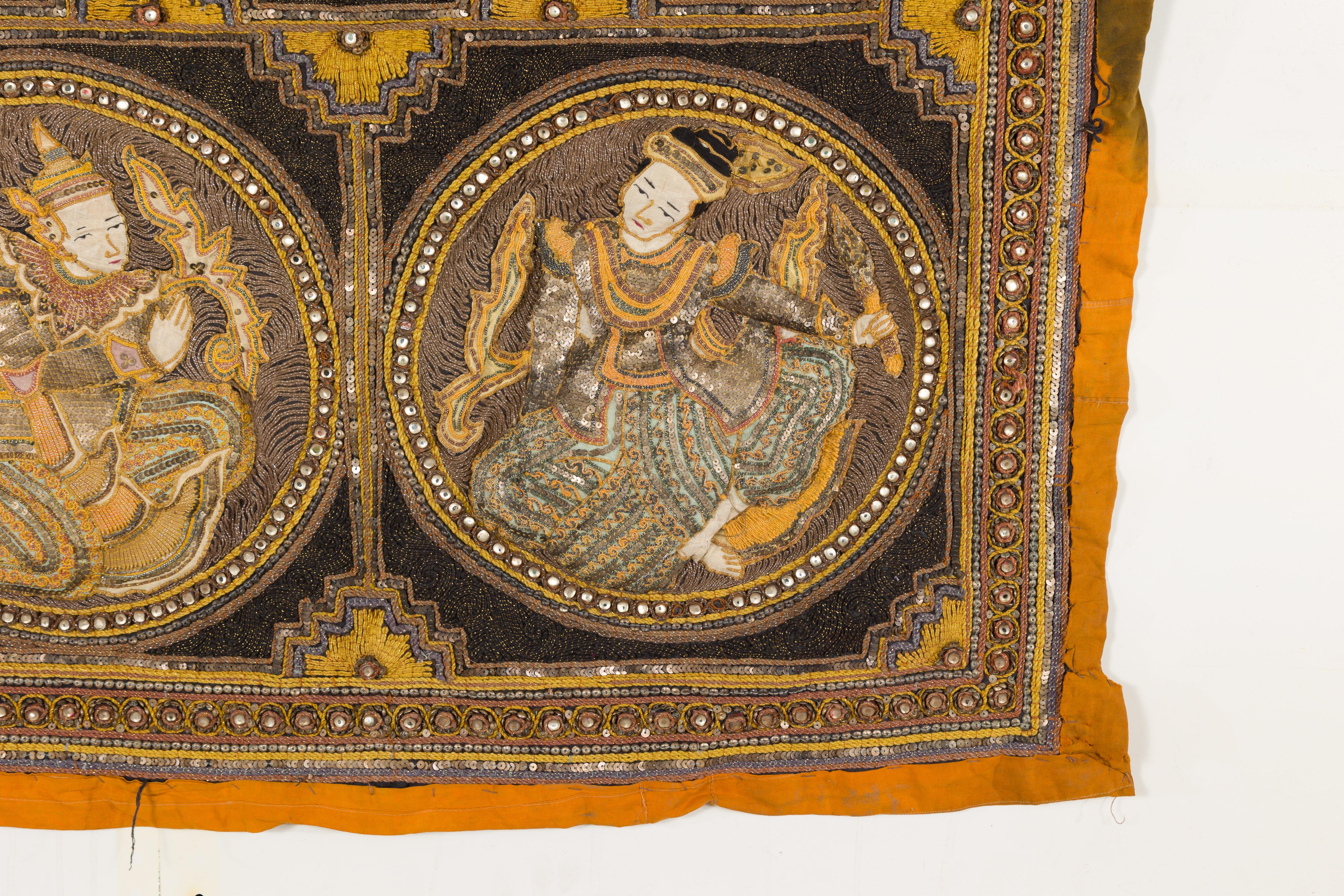 19th Century Orange and Yellow Antique Tapestry with Sequins  For Sale