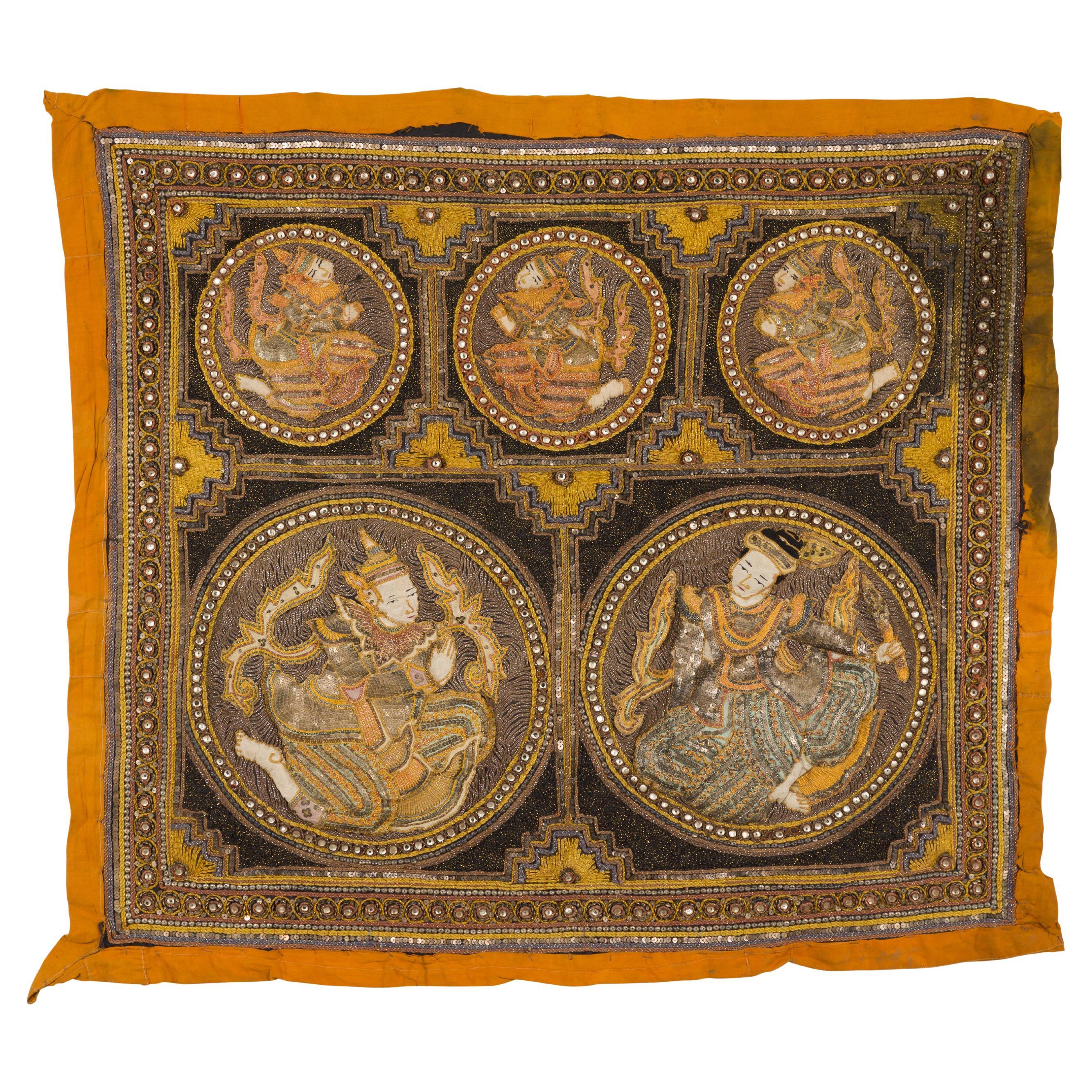 Orange and Yellow Antique Tapestry with Sequins  For Sale