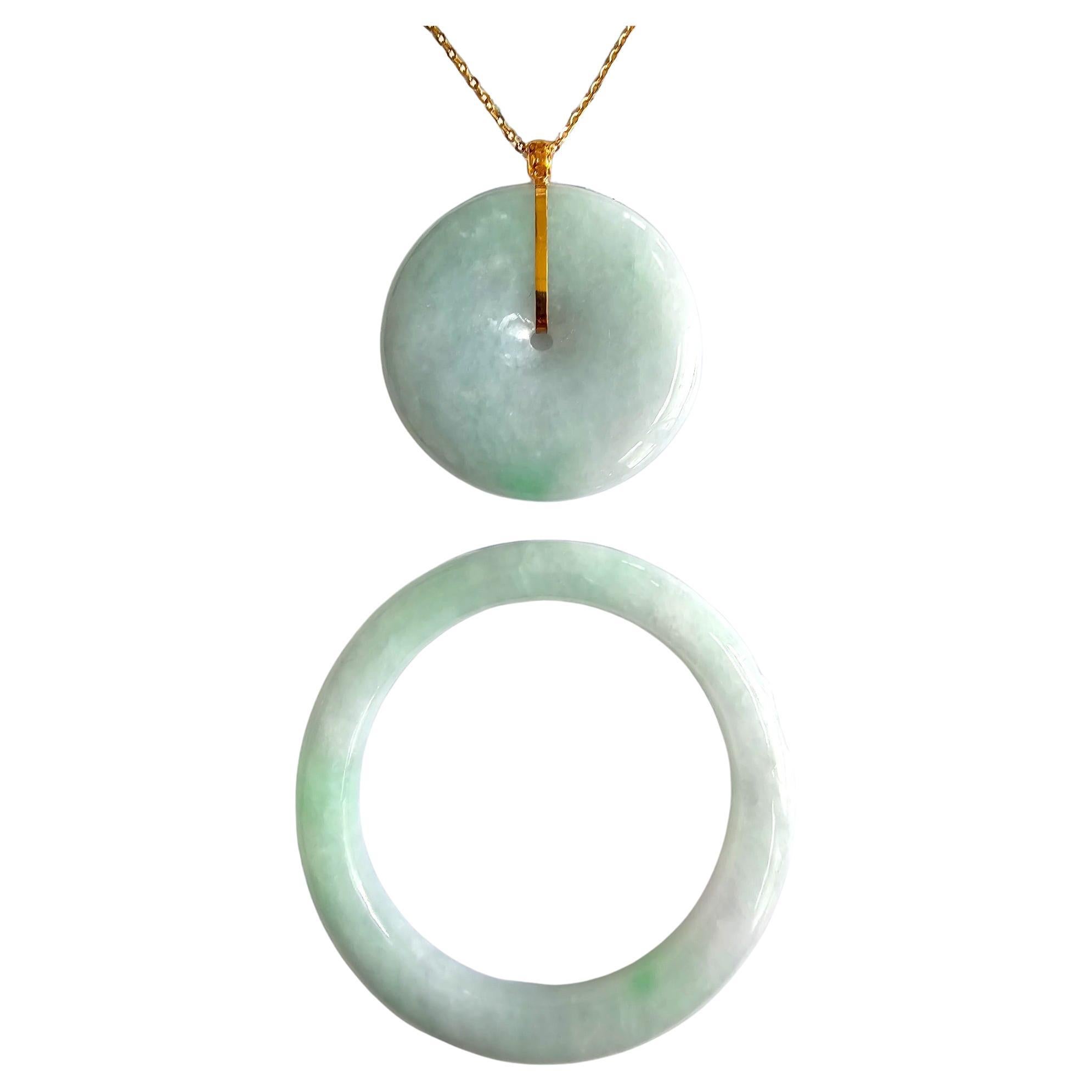 Burmese A-Jadeite Donut Pendant and Baby Bangle Set (with 18K Solid Yellow Gold) For Sale