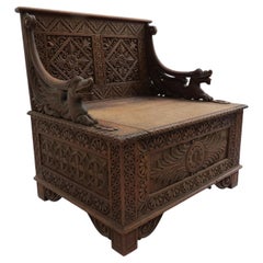 Burmese Anglo-Indian Gothic Revival Carved Hall Seat Chair 1880